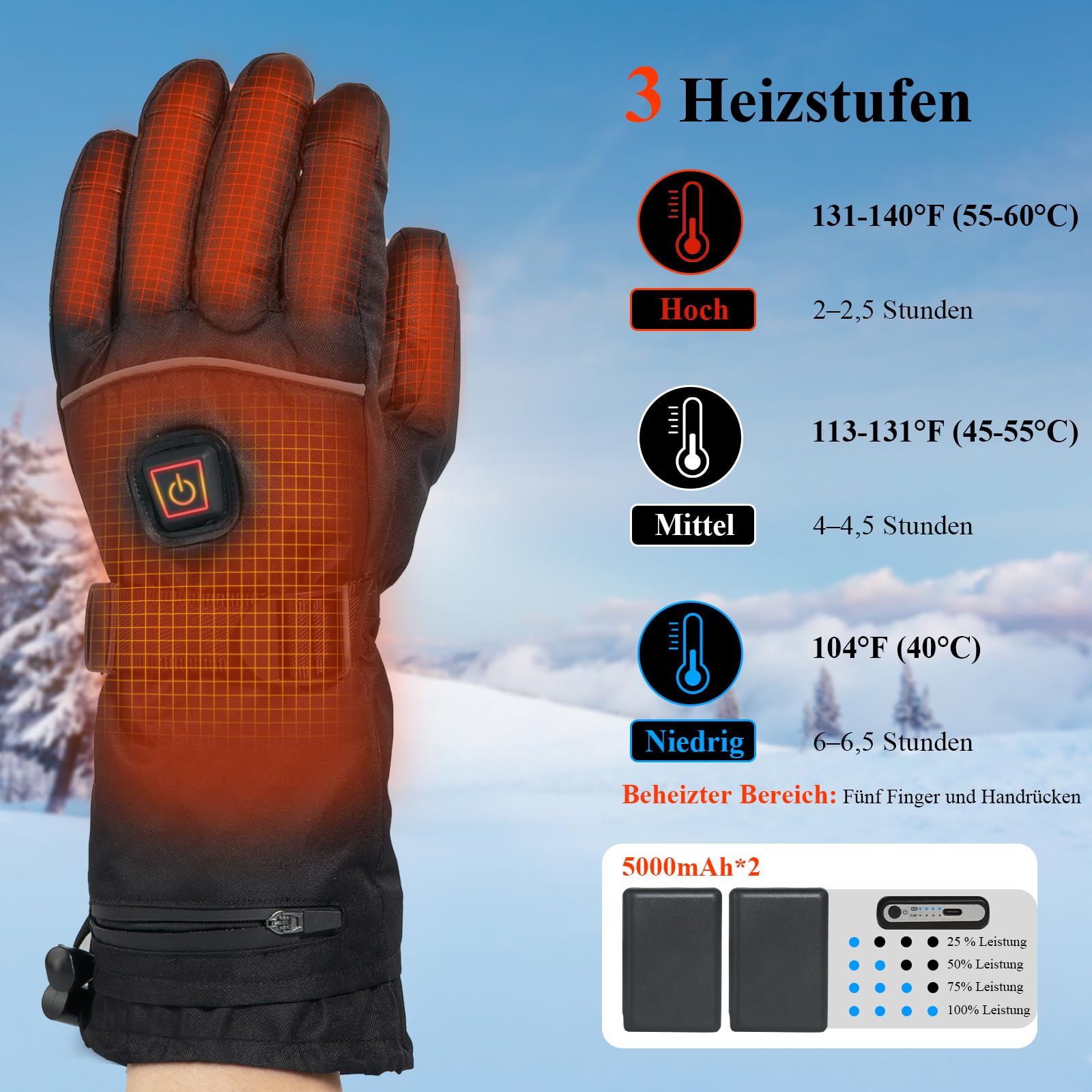 Minthouz Beheizbare Handschuhe 5V 5000 mAh USB-C Wiederaufladbar Wasserdicht Touchscreen 3 Heizstufen Winterhandschuhe