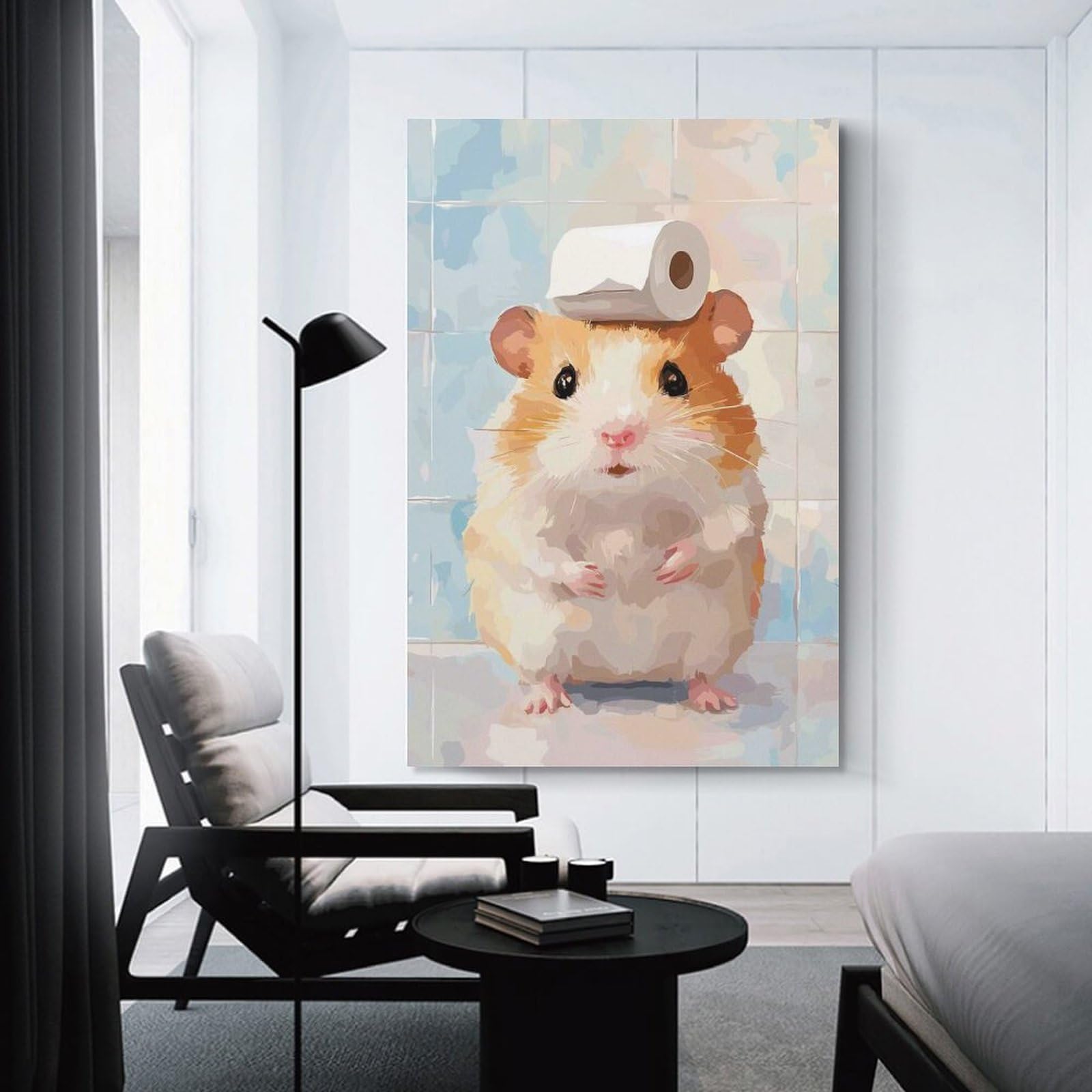 Junmoney Unframe-Style-6 Wall Picture Print Hamster With Toilet Paper On Head, 08X12inch(20X30cm), For Entrance Walls, Hall Decor Or Foyers, Home Artwork For First Impressions