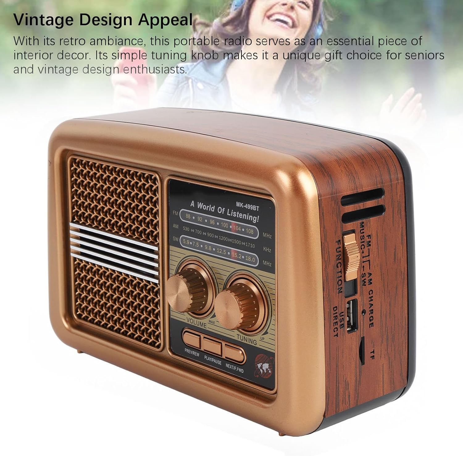 PUSOKEI Portable Radio, AM FM SW Retro Radio with Long Retractable Antenna and USB TF Card Support, for Home Camping Outdoor Decor (US Plug)