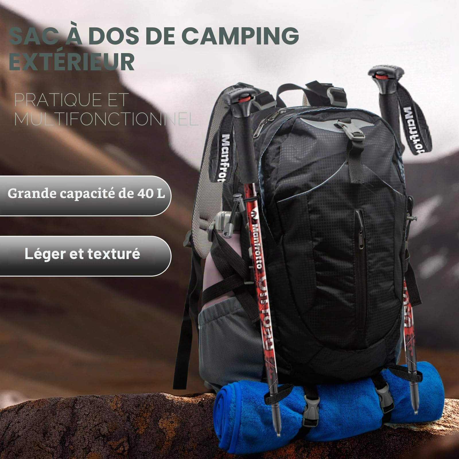 Long Keeper 40L Sac a Dos Randonnee Homme Femme Leger Sac à Dos Imperméable Grande avec Housse de Pluie Sac à Dos Voyage Trekking pour Alpinisme Escalade Sport