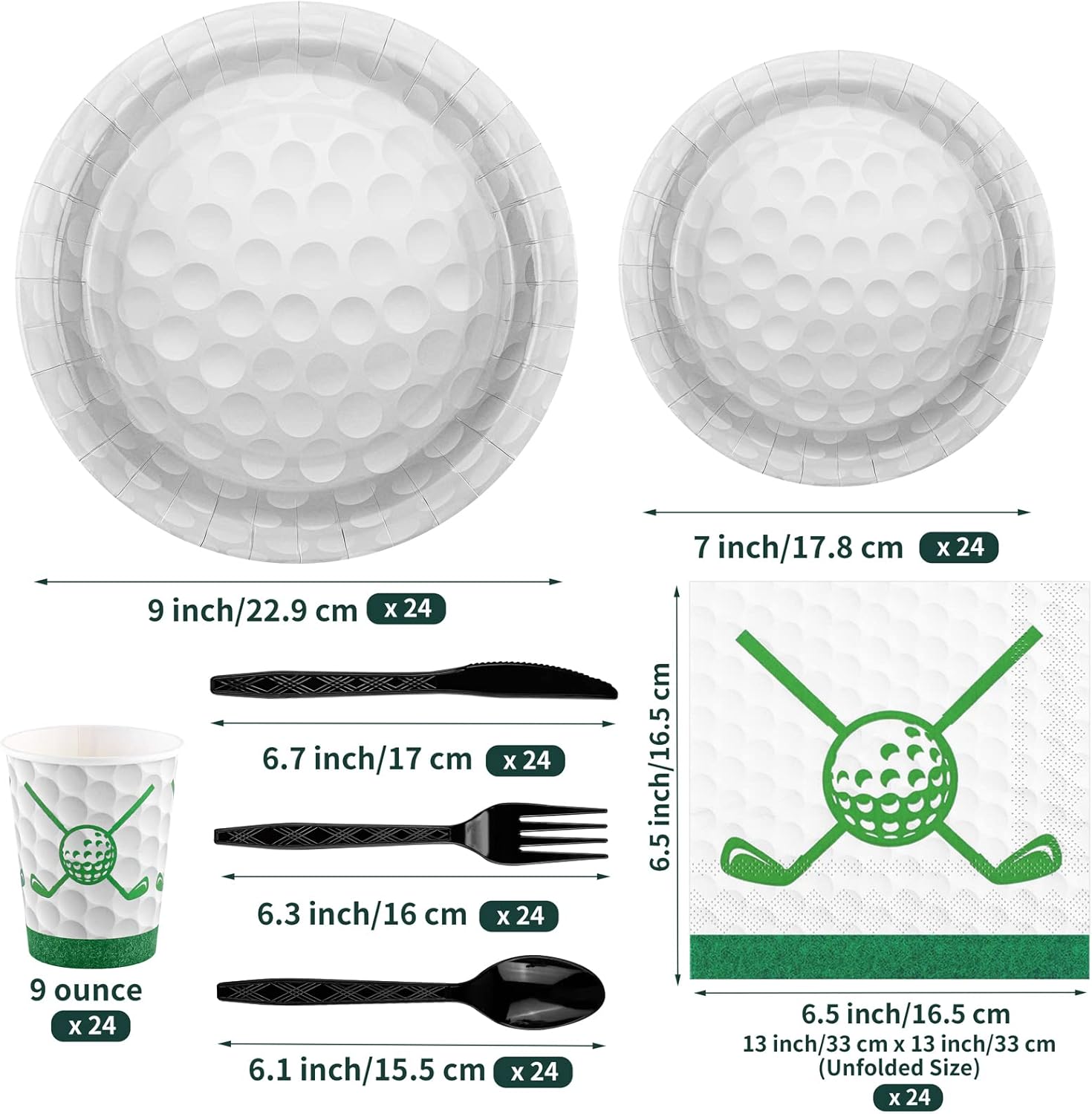 Durony 169-Piece Golf Party Supplies - Green Grass Field Tablecloth, 48 Dessert Plates, 24 Paper Cups, 24 Napkins, 24 Knives, Forks & Spoons - Disposable Golf Tableware Set - Image 2