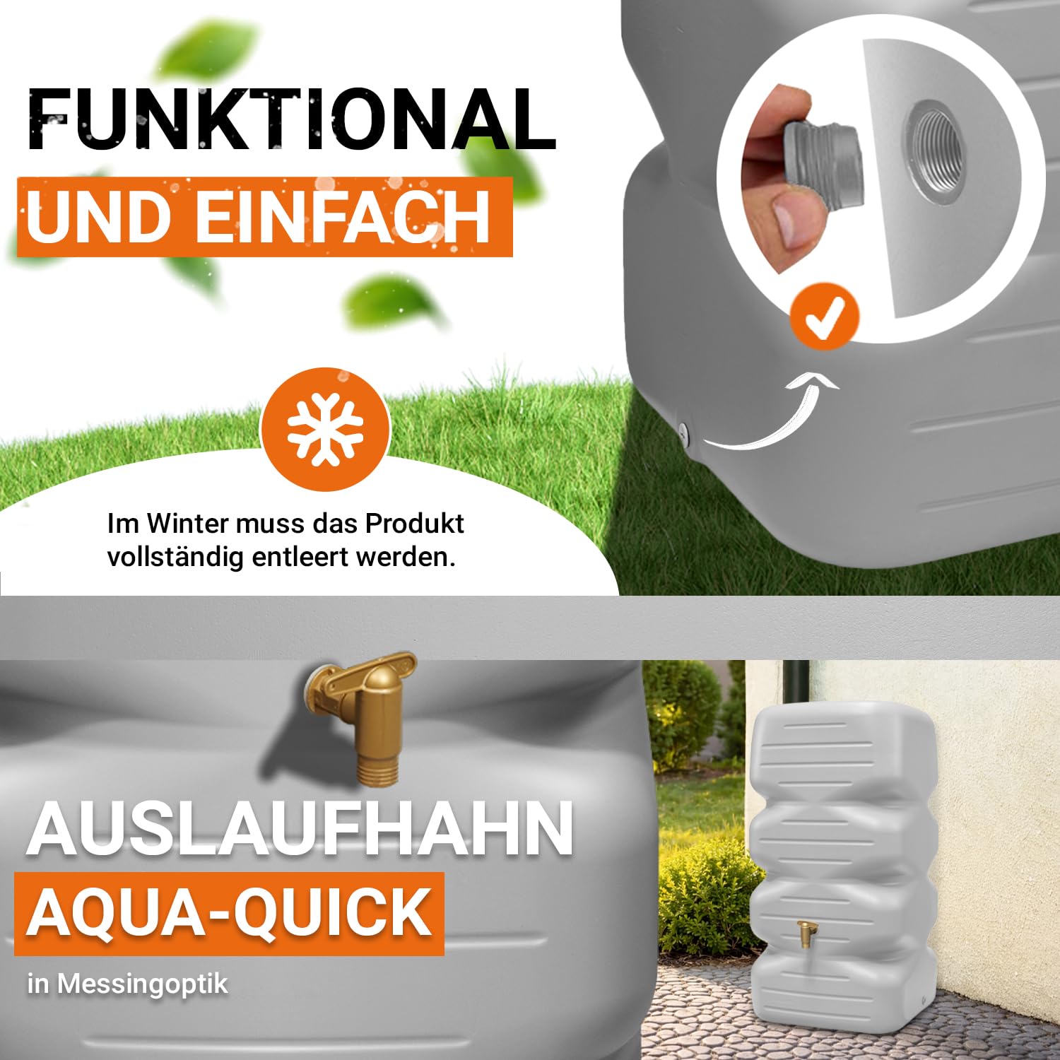GARANTIA CUBUS Gartentank Komplett-Set 340 Liter betongrau inkl. Kunststoff-Auslaufhahn und Fallrohranschluss - Regentonne eckig zum Regenwasser sammeln auf Terrasse - Regenwassersammler flexibel