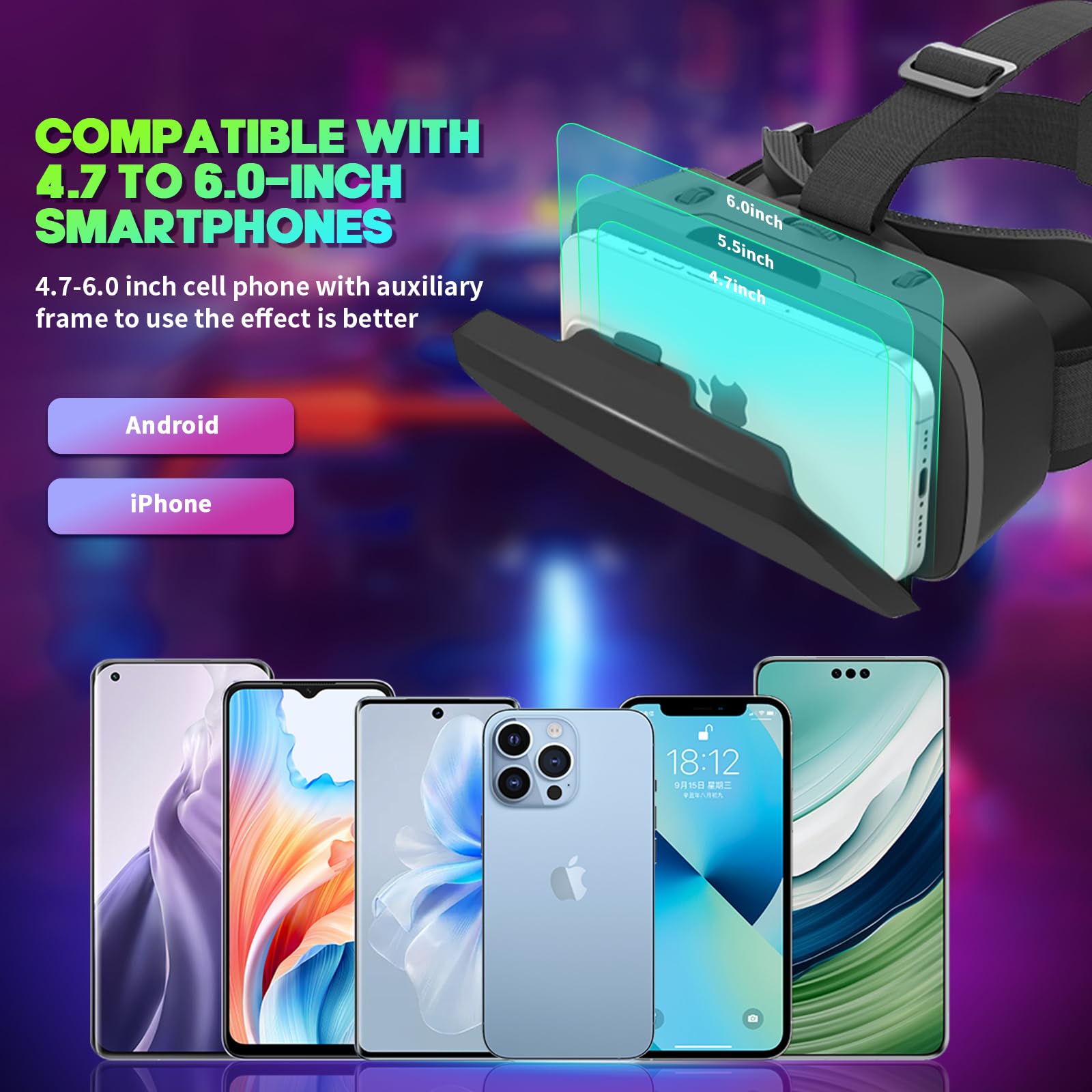 Auriculares VR para Smartphones, Controlador de Juego Bluetooth, Lentes asféricas HD para películas y Juegos 3D inmersivos, Enfoque de Palanca Ajustable e IPD, Sistema de refrigeración avanzado (se