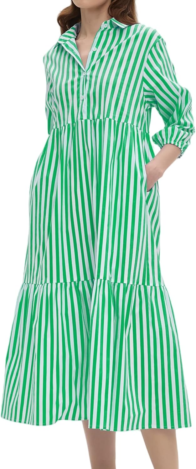 Womens Babydoll Striped Shirt Midi Dress Puff Long Sleeve Collared Button Tunic Flowy Swing Dresses