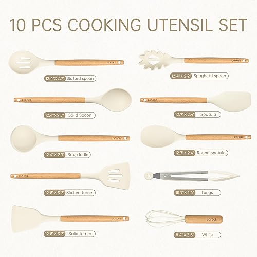 Miniatura 2 de CAROTE Juego de utensilios de cocina de silicona, juego de 10 utensilios de cocina para cocinar, juego de espátulas sin BPA con asas de madera