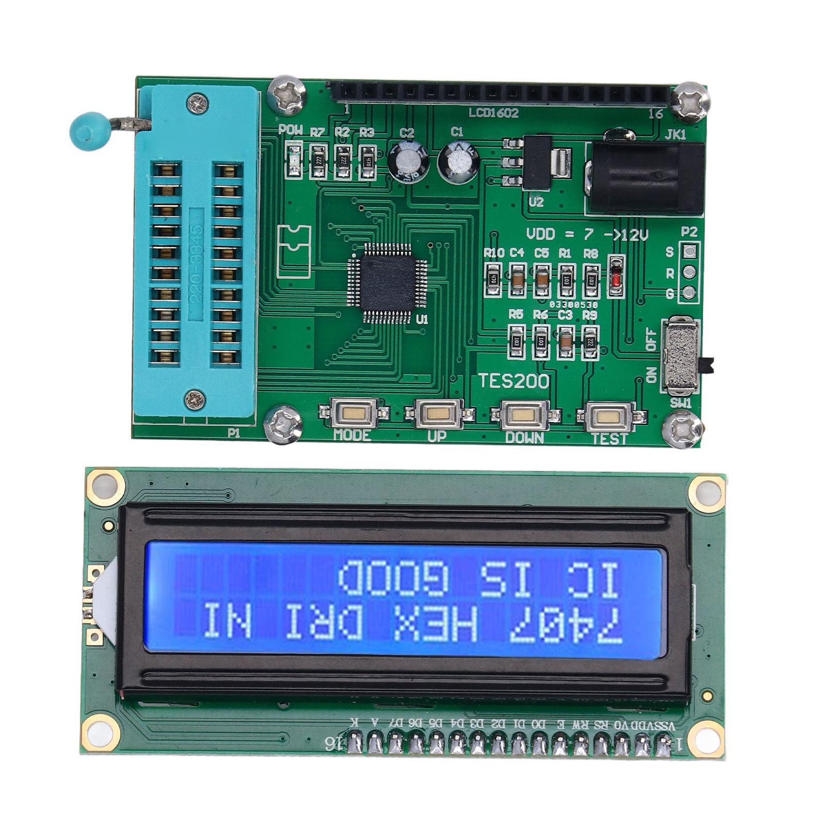 Cyfrowy Tester Układów Scalonych TES200 do Układów Logicznych Serii 74 i 40 – Miernik Obwodów Zintegrowanych 7–12 V DC z Wyświetlaczem LED, Szybka Diagnostyka w 3 Sekundy dla DIP TTL CMOS