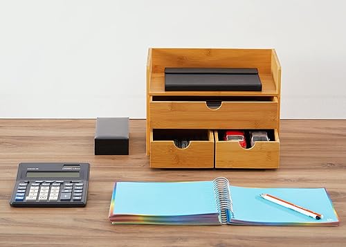 Miniatura 7 de RoyalHouse Organizador de escritorio de bambú natural de alta calidad, diseño atractivo de 3 niveles, almacenamiento de mesa para documentos y
