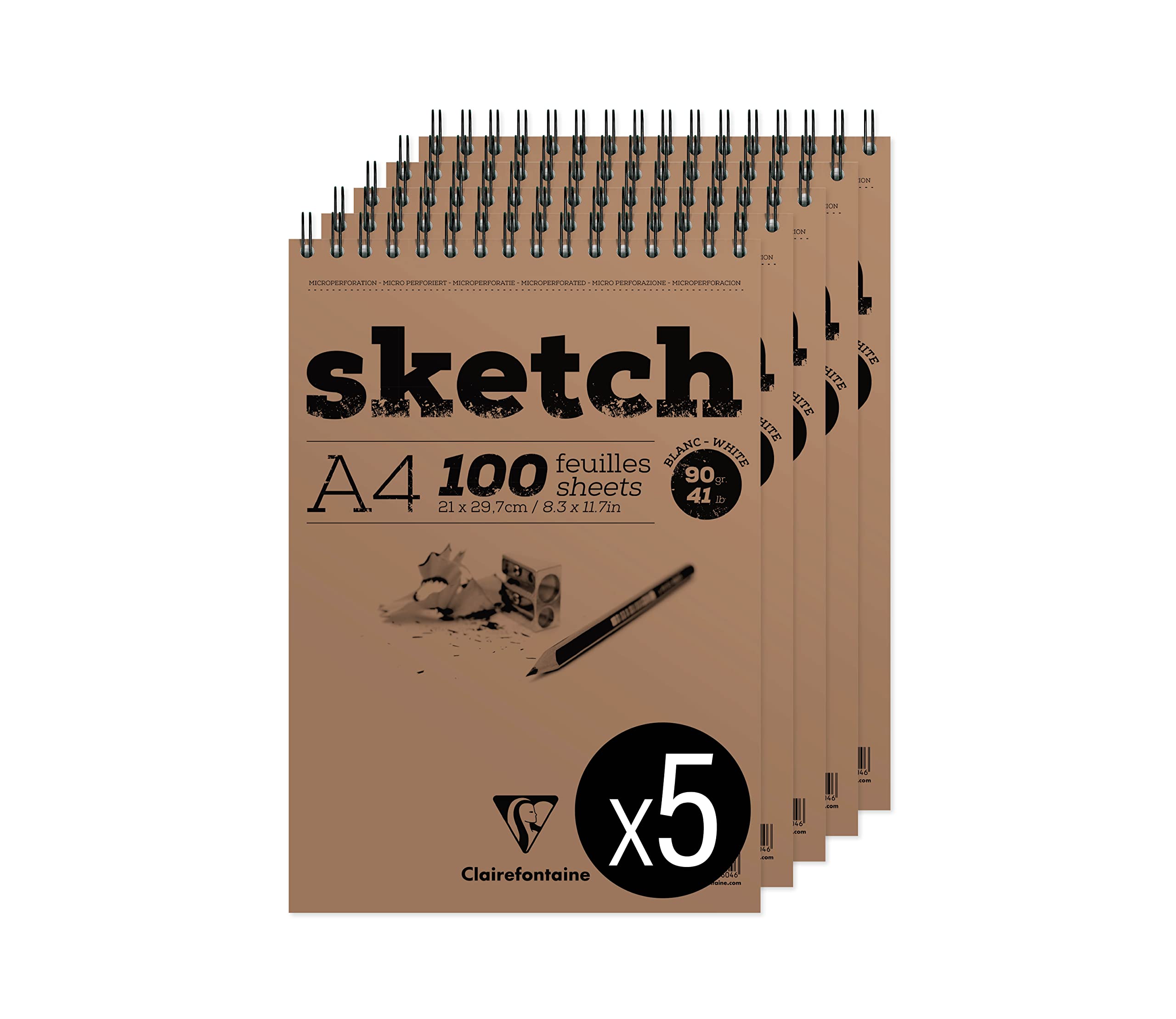 Clairefontaine 96604Cpack - Spiral Bound Sketch Paper Pad - 100 Sheets of White Drawing Paper with Very Light Grain - Detachable Sheets - A4 21x29.7 cm 90g - Pack of 5 Pads