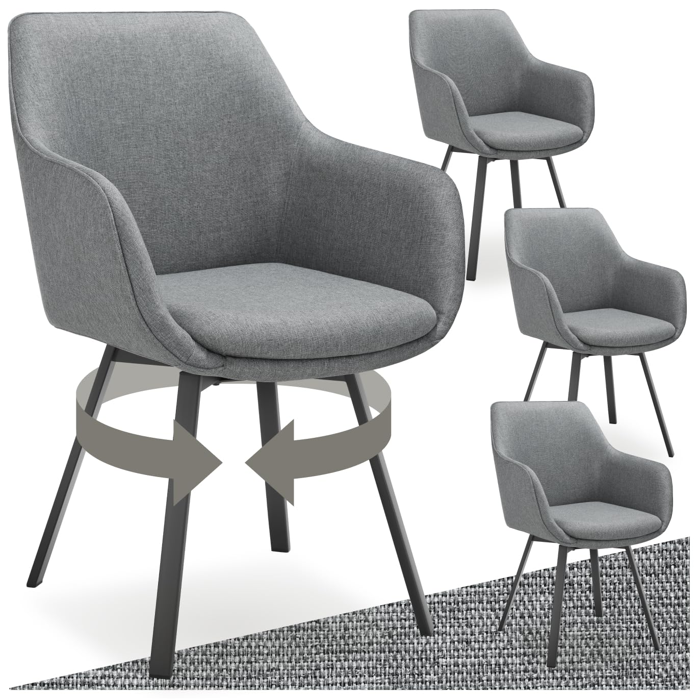 tectake® Silla Giratoria con Reposabrazos, Tapizada y con Acolchado de Alta Densidad, Patas de Acero 360°, Antideslizante, Montaje Rápido, Ideal para Comedor, Cocina y Dormitorio - 4 Sillas Antracita