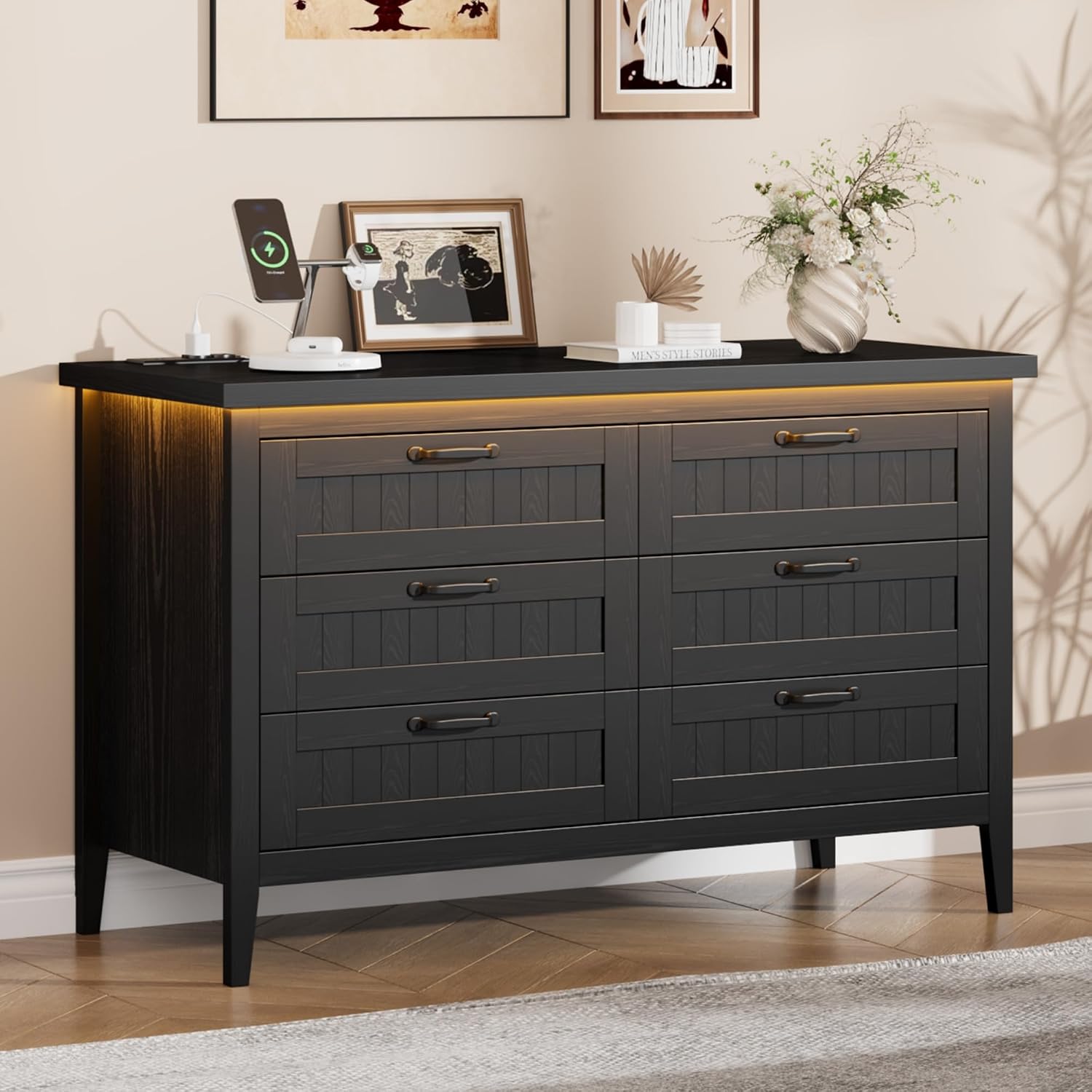 IDEALHOUSE 6 Drawer Dresser with Power Outlet, Black Dresser with LED Light, Modern Chest of Drawers for Closet, Double Wide Drawer Organizer Cabinet for Bedroom, Living Room