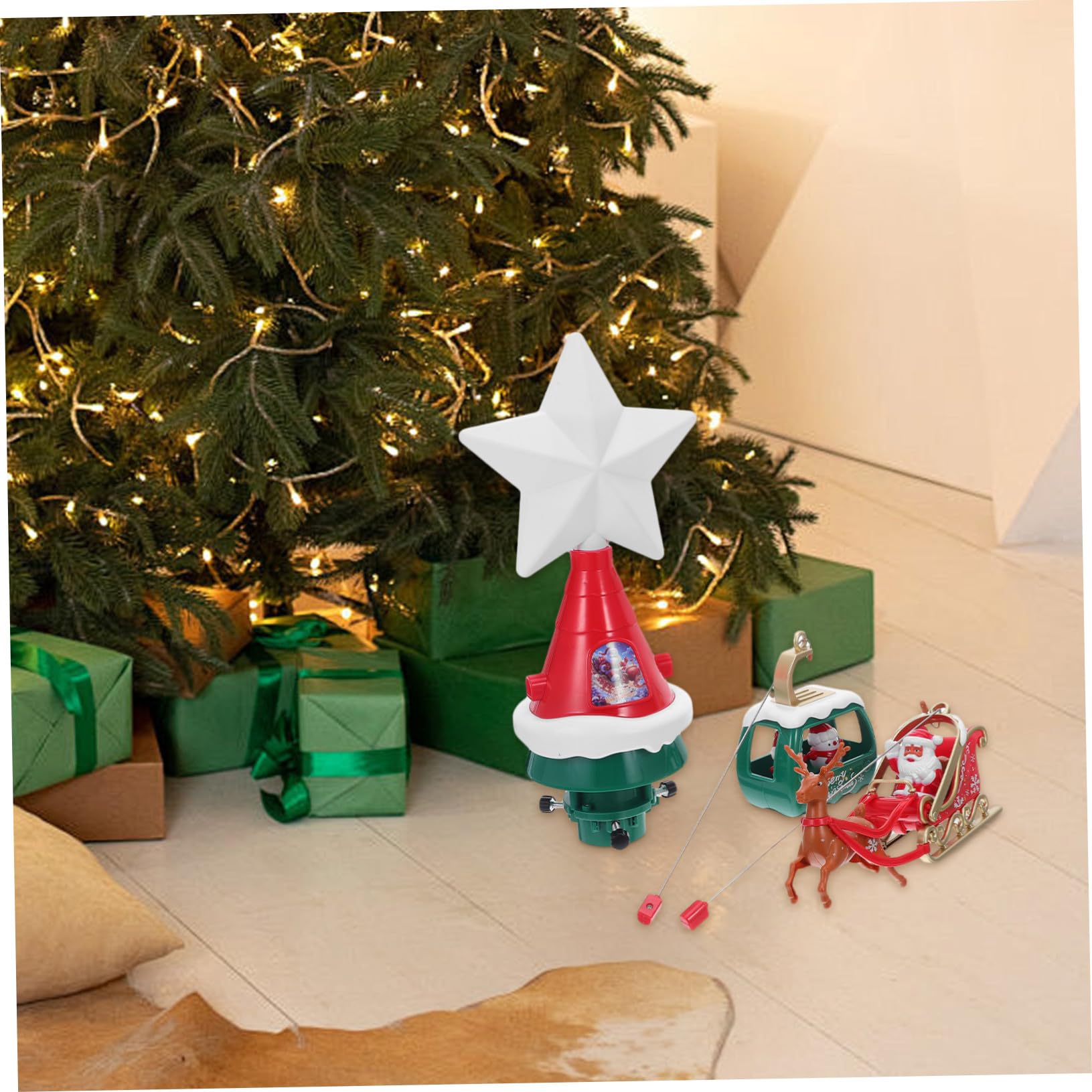 Ciieeo Puntale Girevole per Albero di Natale Stella Luminosa con Slitta di Babbo Natale Renne e Pupazzi di Decorazione Natalizia per Interni ed Esterni