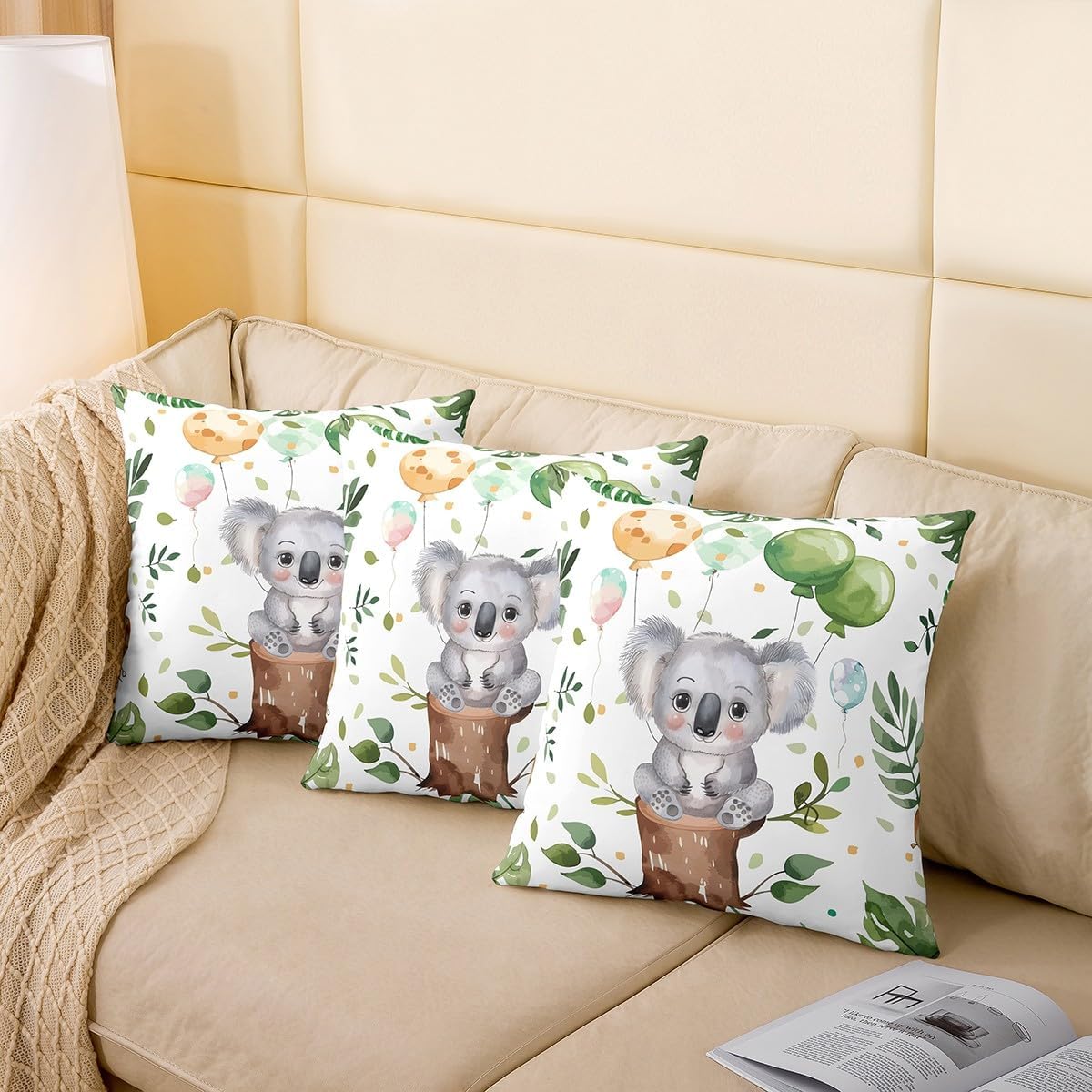 Erosebridal Kawaii Koala Throw Pillow Cover 24x24 Inch, Cartoon Animals Printed Soft Pillow Cover, Cute Wildlife Cushion Cover for Sofa, Gray Green Balloons Kids Boys Girls Decorative Pillow Cover