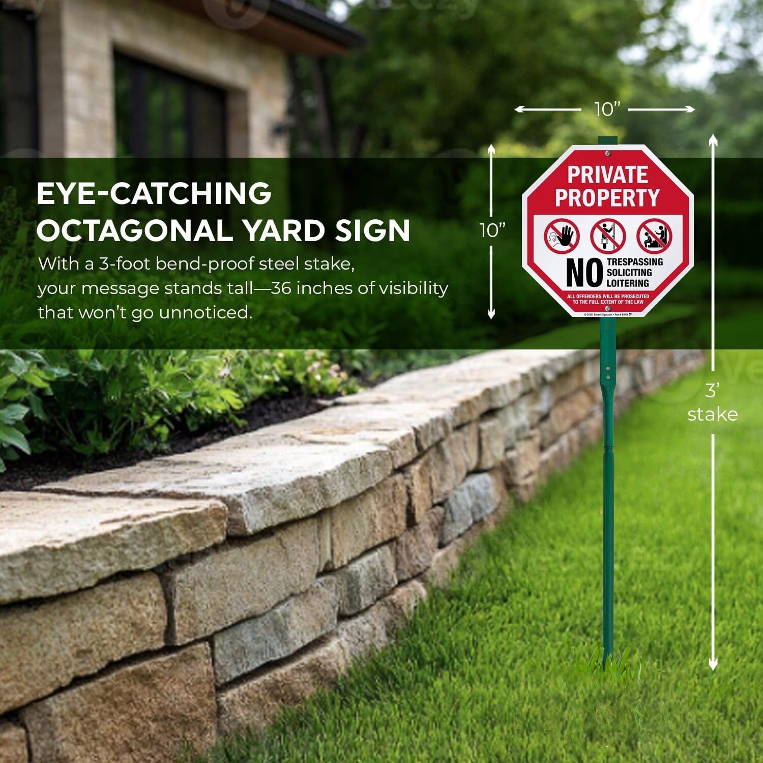 SmartSign 10" x 10" 'Private Property No Trespassing No Soliciting Offenders Prosecuted' Octagon Yard Sign with 3 ft Stake, 40 mil Laminated Rustproof Aluminum, Red/Black and White