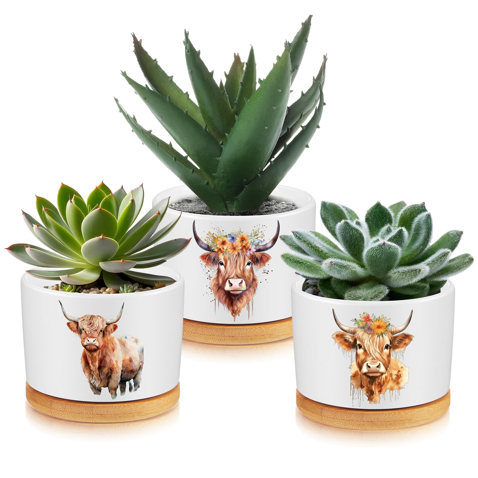 3 Pcs Highland Cow Decor Gift for Christmas Women Planter Ceramic Gift Animal Plant Pot with Bamboo Tray for Office Home Farm House Bathroom Kitchen Decorations (No Plants Included)