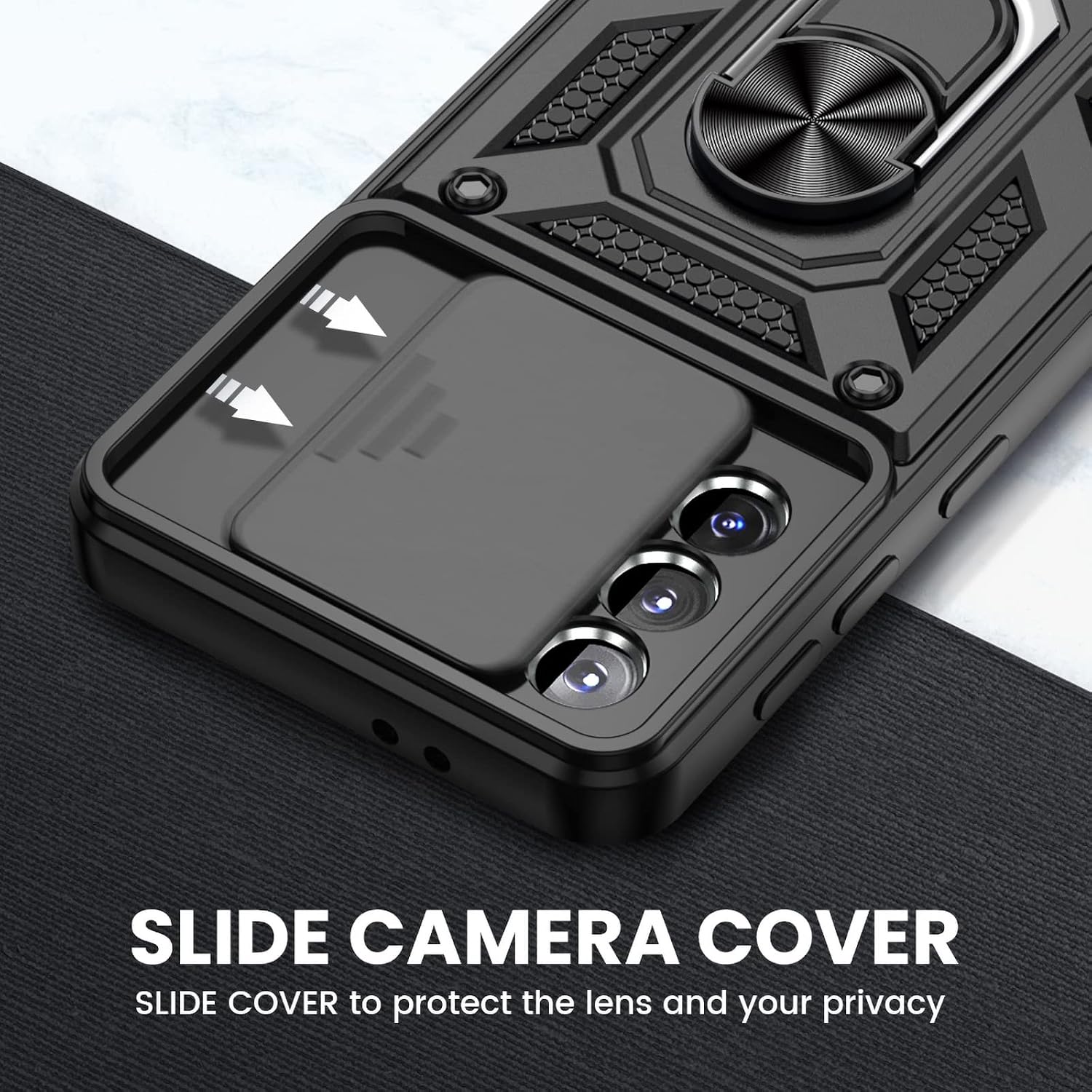 VEGO Compatible for Galaxy S21 Kickstand Case, Galaxy S21 5G Case with Slide Camera Cover, Built-in 360° Rotate Ring Stand Magnetic Cover Case for Samsung Galaxy S21 6.2 inch - Black