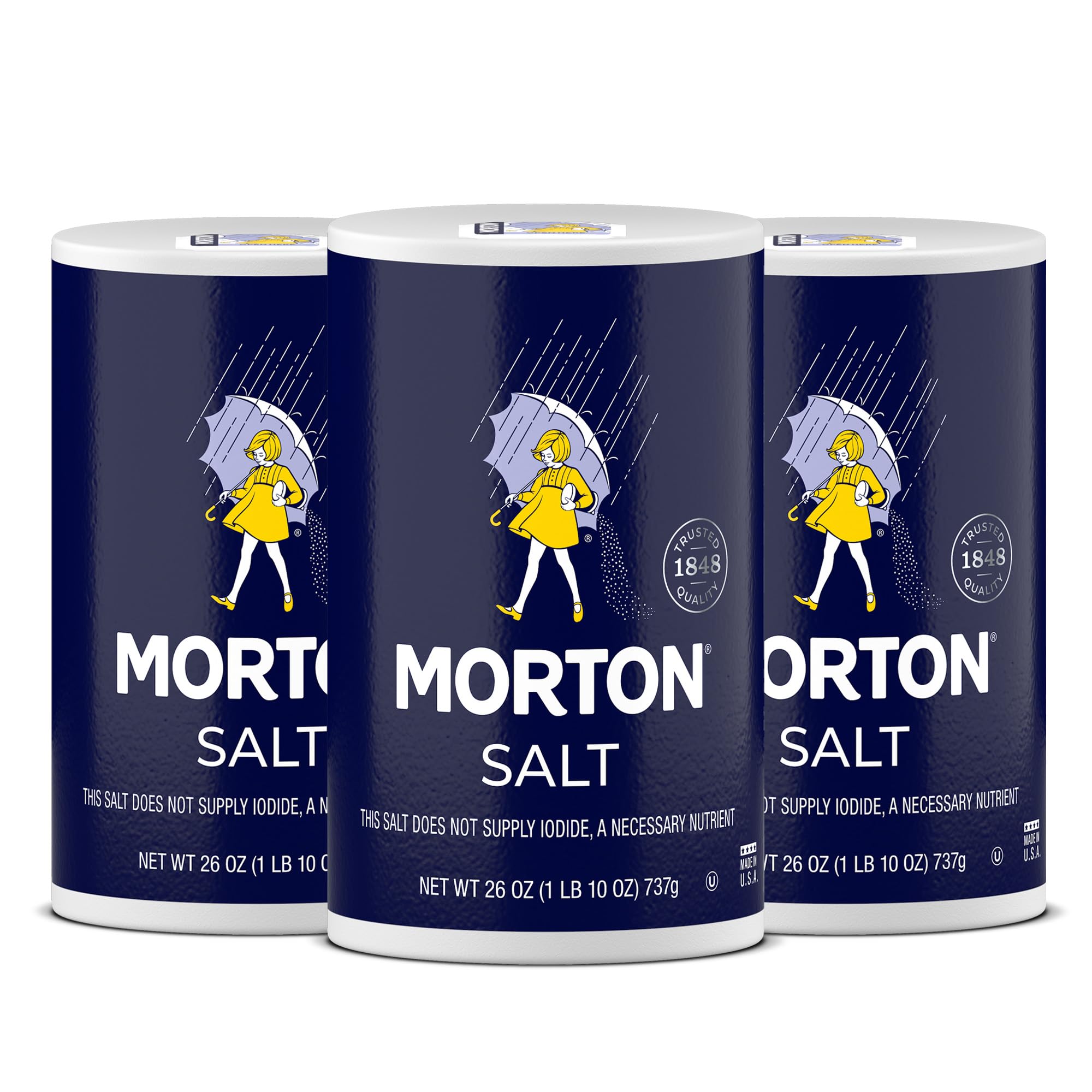 Morton Plain Salt, (26 oz), 3-Pack - All-Purpose, Non-Iodized Salt, Perfect for Cooking & Table Use