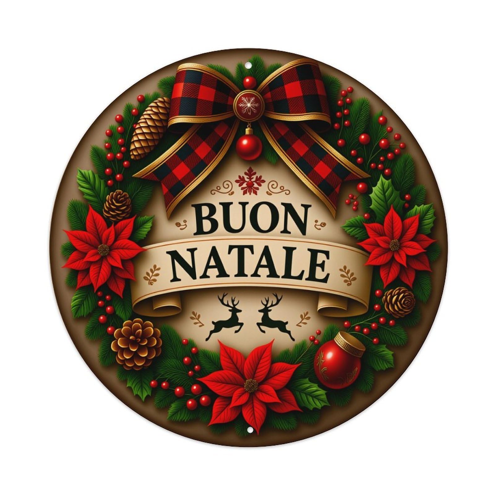 Wmlzdnwr Vintage Merry Christmas Wreath With Poinsettias And Reindeer Round Tin Sign,Retro Wall Art,Metal Poster For Home, Bar, Garage, Cafe, Rustic Indoor & Outdoor Decor, 8X8 Inches