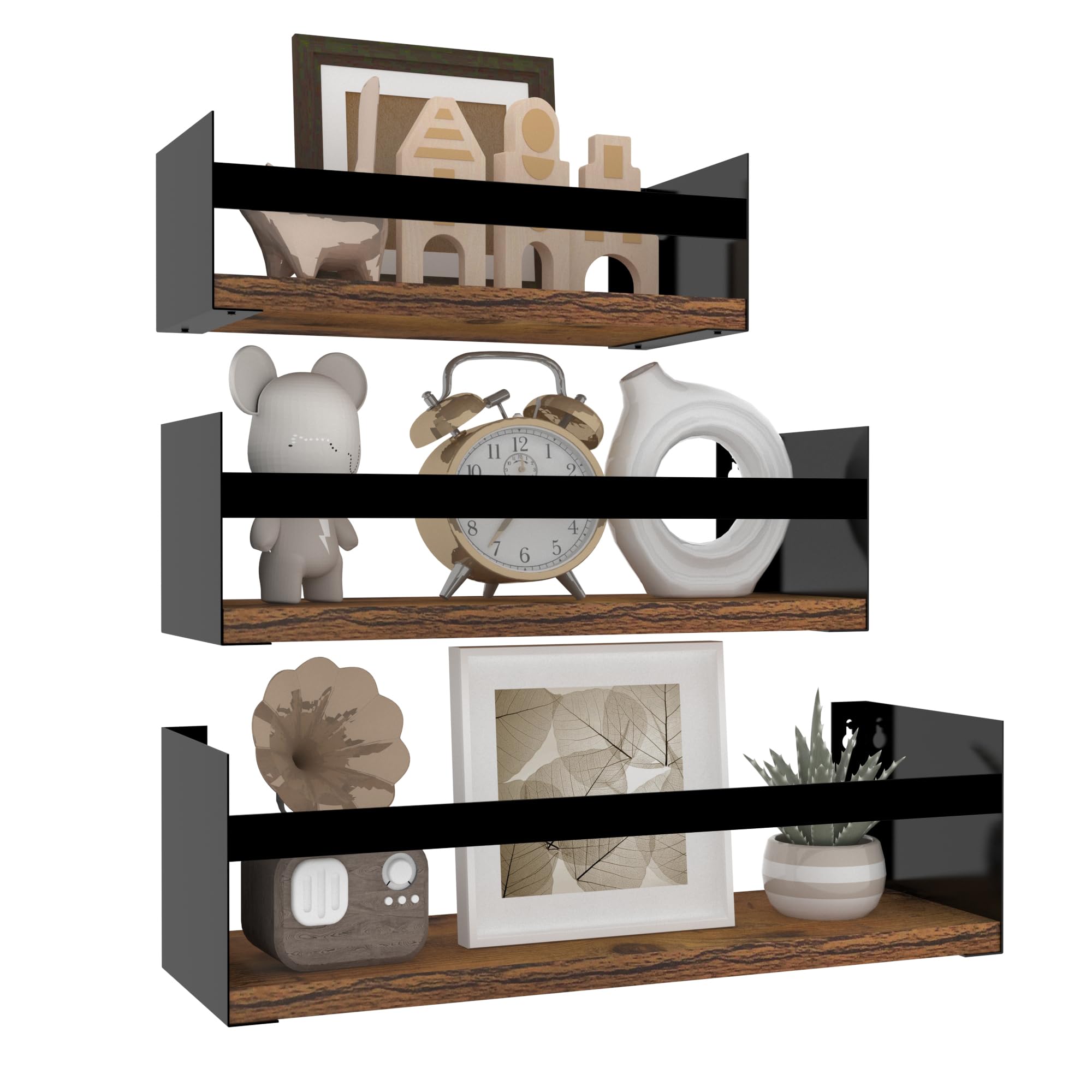 RLAVBL Estantes de Pared, Juego de 3, Estantes de Pared Flotantes de Madera y Metal, Negros, para el la Cocina, el Baño, la Sala de Estar y la Oficina.