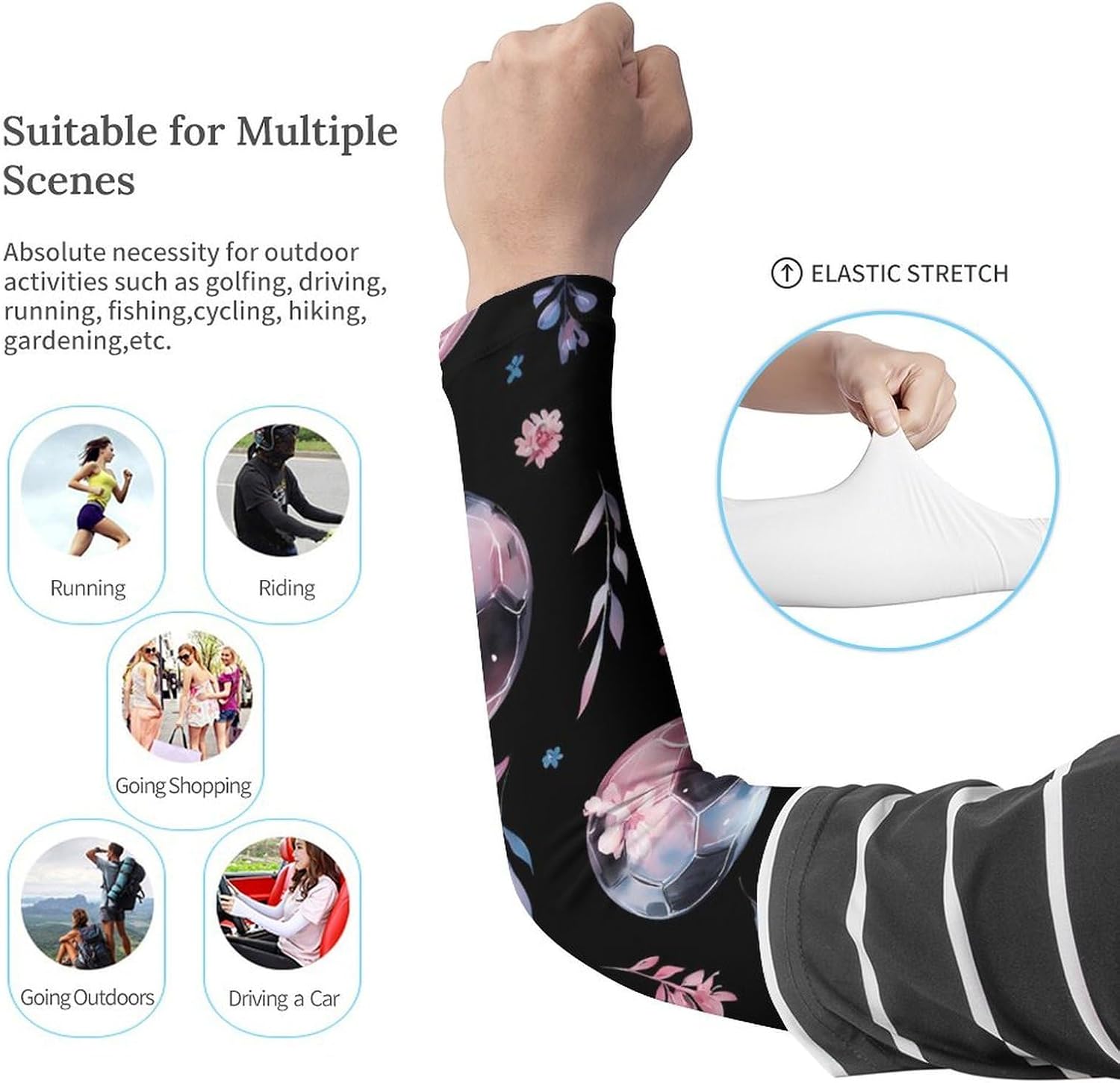 Watercolor Soccer Balls Floral Arm Sleeves Cooling Sun Protection Sports Compression for Golf Basketball