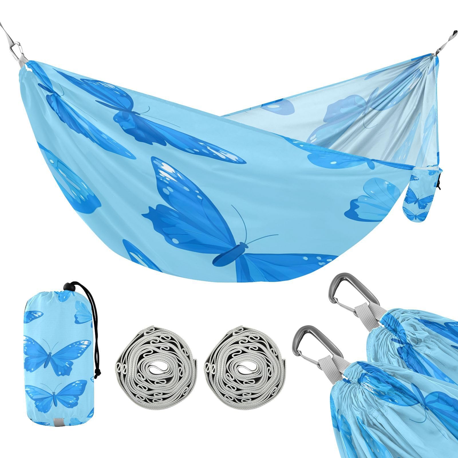 ATTX Blue Butterflies Camping Hammock - Lightweight & Portable Hammocks, Heavy Duty 330lbs Capacity for Indoor, Hiking, Backpacking, Travel, Backyard, Beach#549