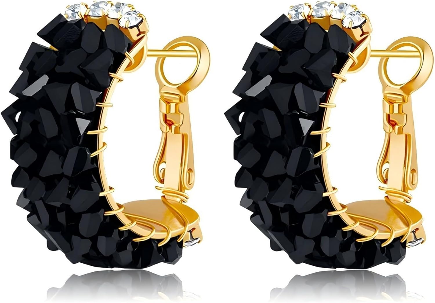 18K Gold Plated Dainty C Hoop Earrings Sparkling Zircon Crystal Stylish Red/Black Earrings for Women - C Shaped Ear Buckle