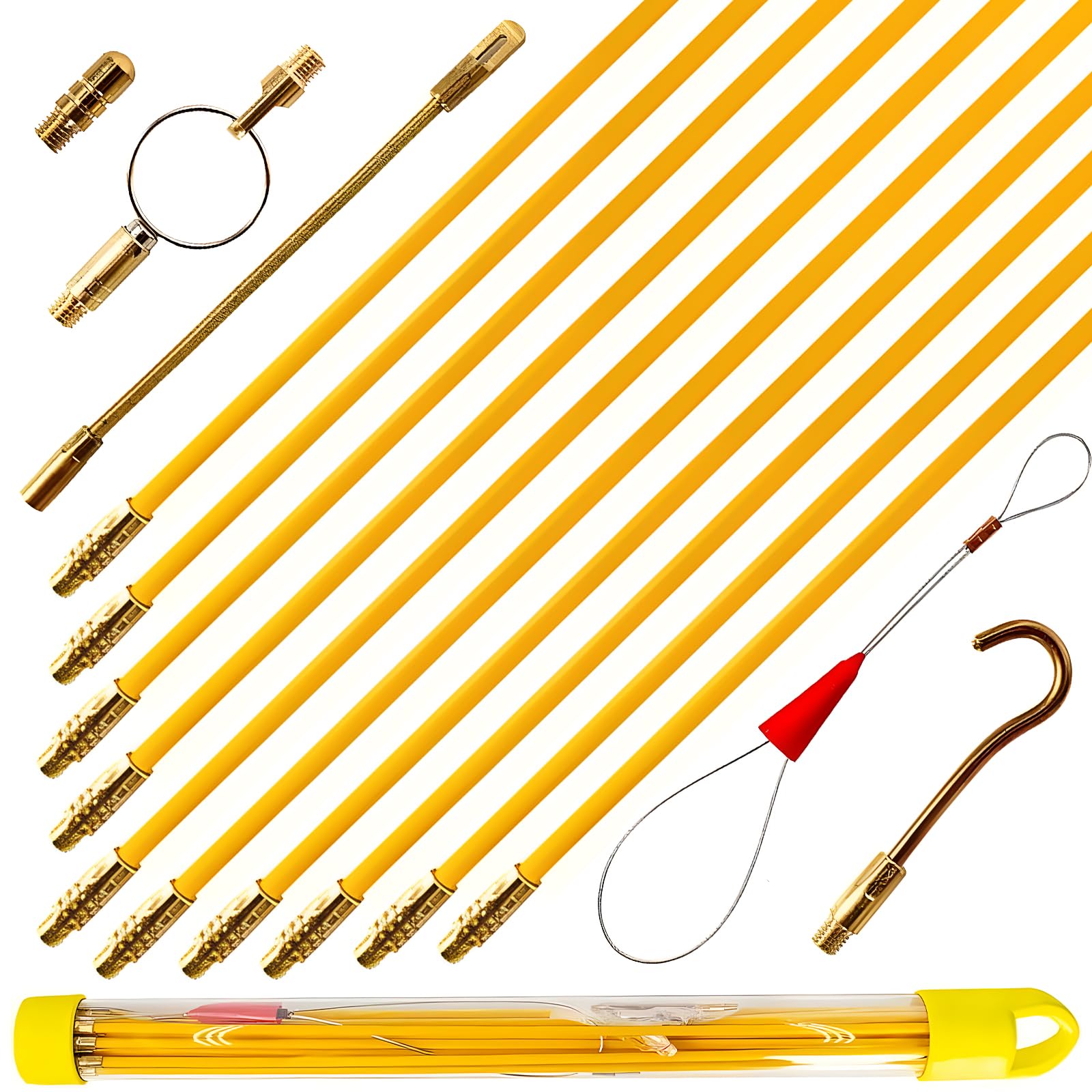 25" Fiberglass Fish Tape, Fish Tape Cable Puller Kit, Electrical Wire Puller Cable with 5 Different Attachments & Fish Tape Tool (Yellow,19 Rodsx40cm）