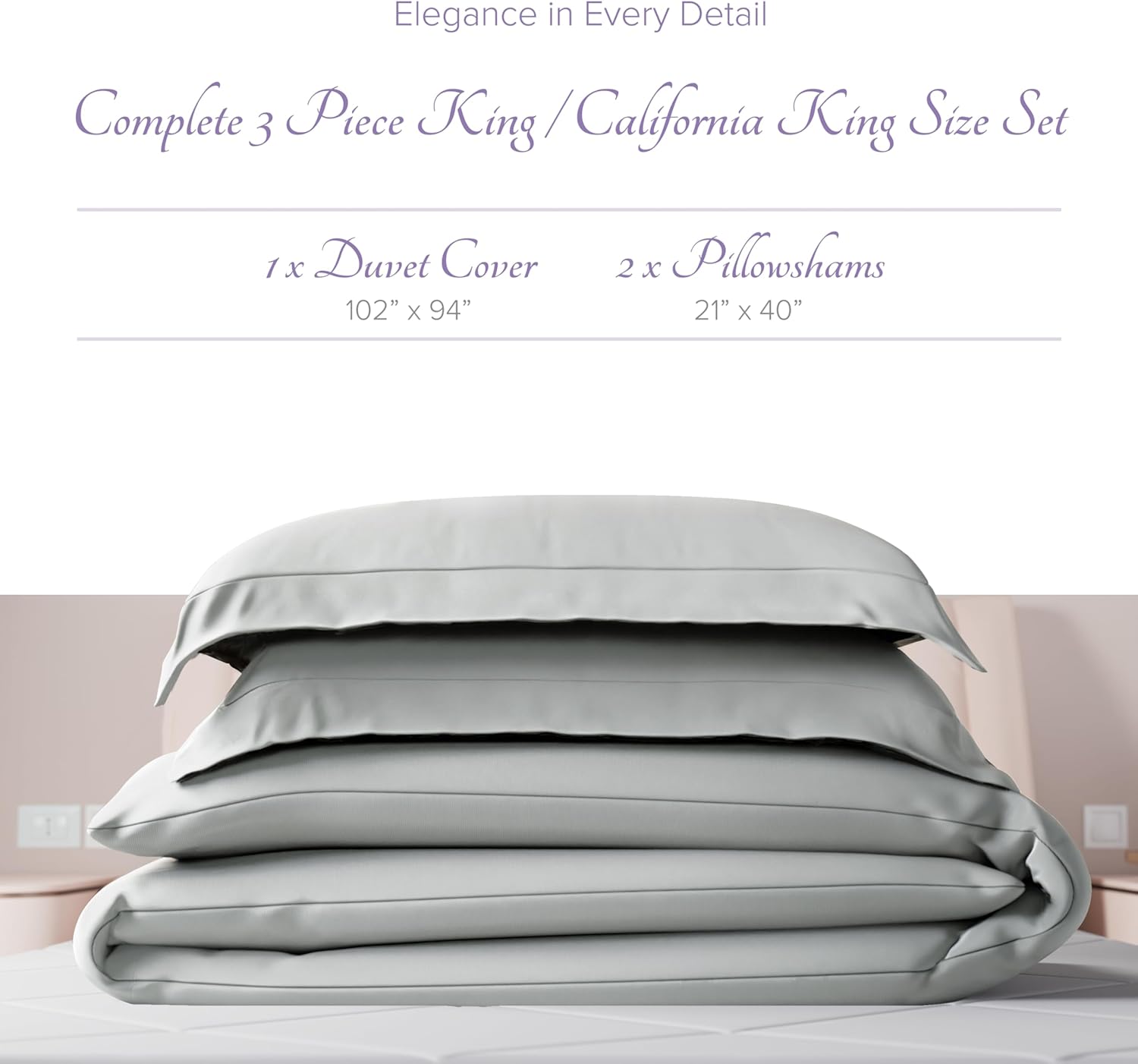 Carressa Linen 100% Egyptian Cotton Duvet Cover King Size - 600 Thread Count 3 PC Duvet Cover Set, Extra Long Staple Egyptian Cotton Quilt Cover, Soft, Breathable with Hidden Zipper Closure - Silver - Image 3
