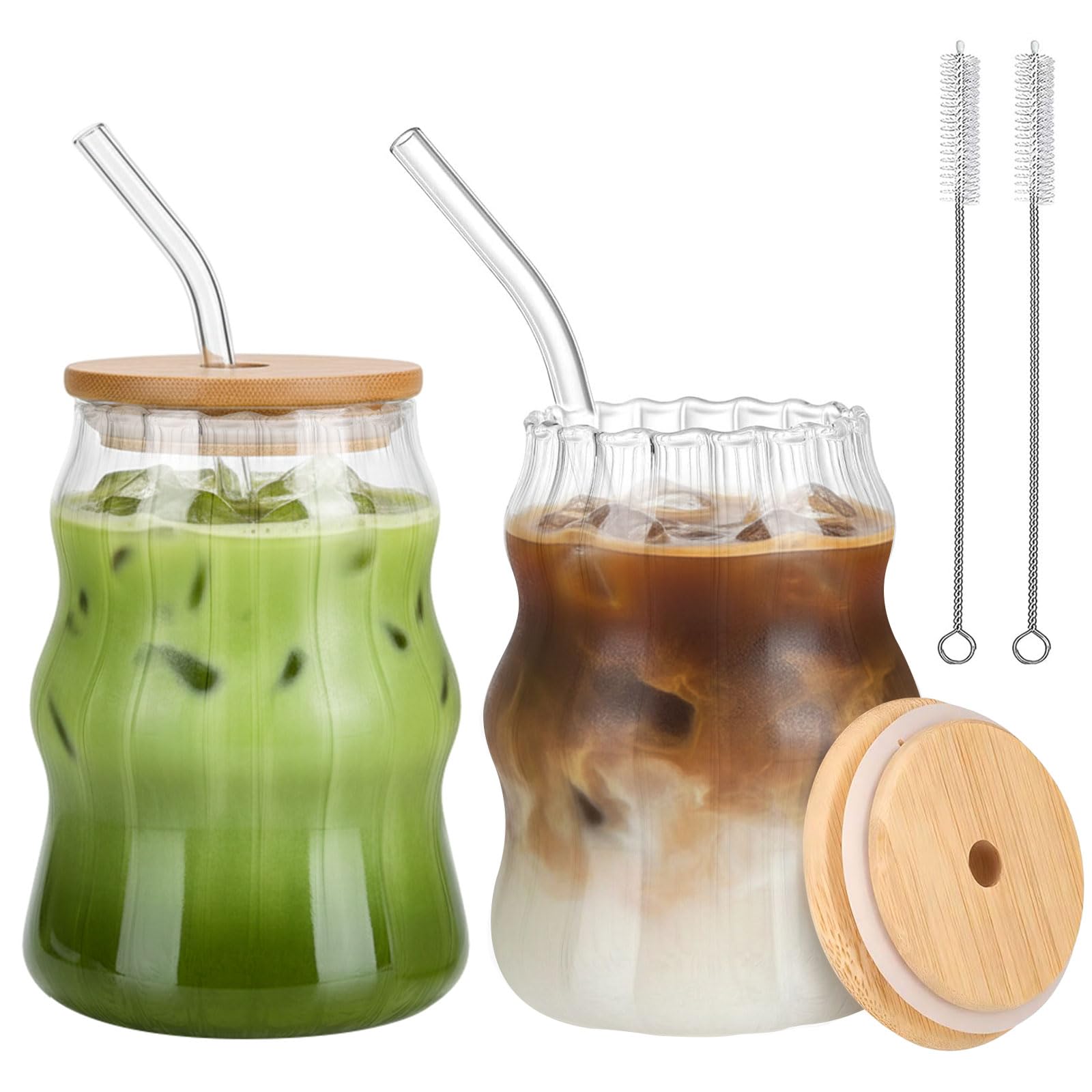 Zestaw 2 szklanek do matchy, 530 ml, z pokrywką i słomką, żebrowane szklanki do kawy, latte macchiato, kubki do kawy mrożonej, szklanki do smoothie ze szklaną słomką i szczotką