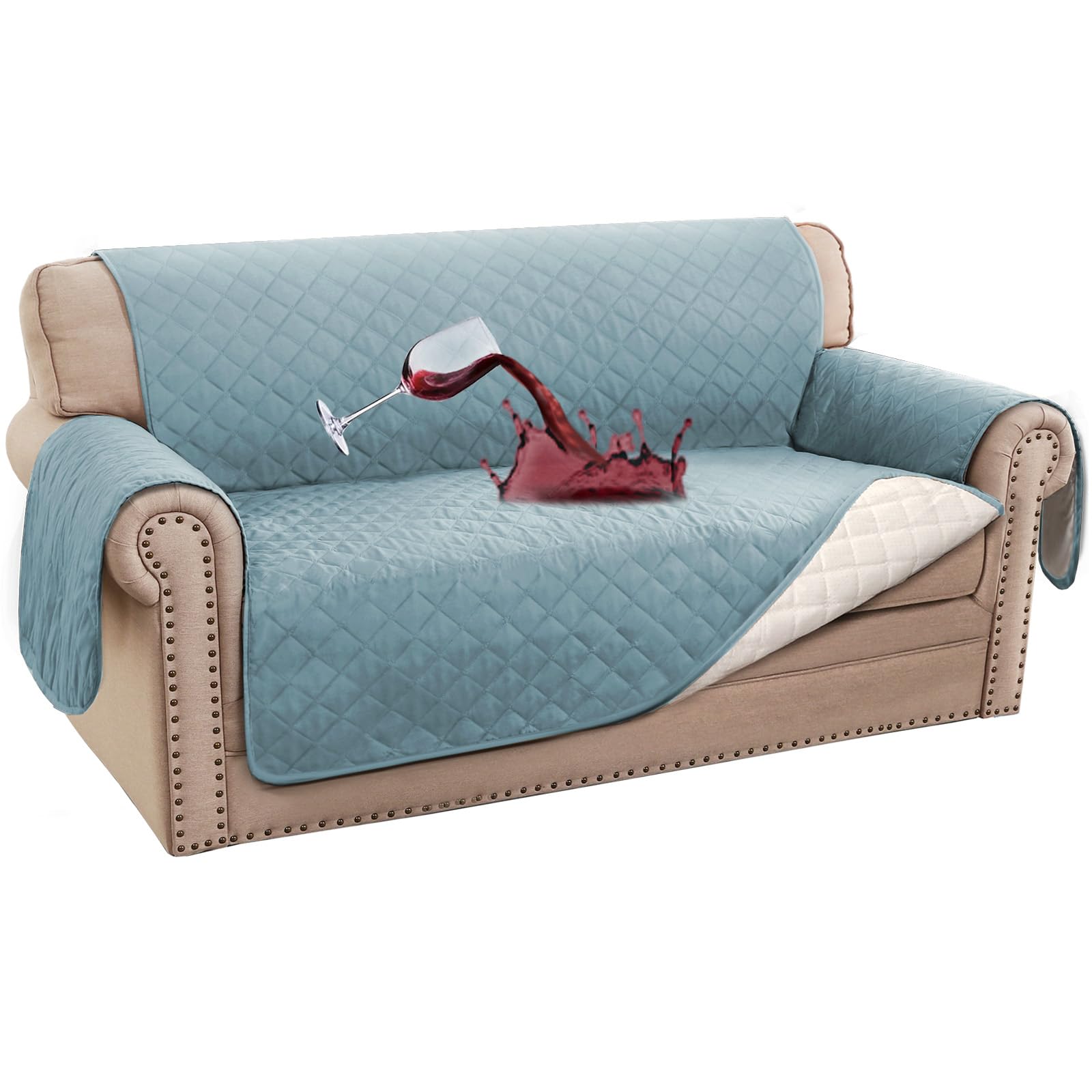 BellaHills Sofa Cover 100% Waterproof Sofa Covers 2 seater Couch Covers Sofa Slipcovers with Elastic Straps Triple Non-Slip Loveseat Sofa Cover Furniture Protector for Kids (Loveseat 54", Stone Blue)