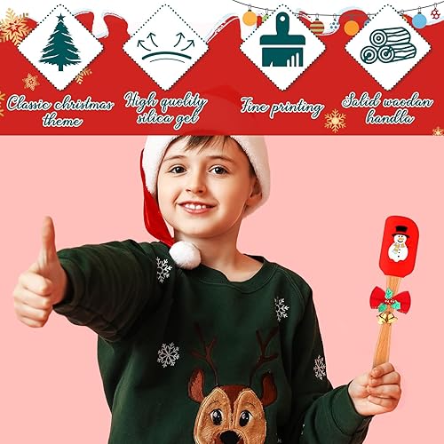 Miniatura 4 de Layhit Juego de 8 espátulas de silicona navideñas para hornear, con patrón de Papá Noel, juego de espátulas de goma con mango de madera, utensilios