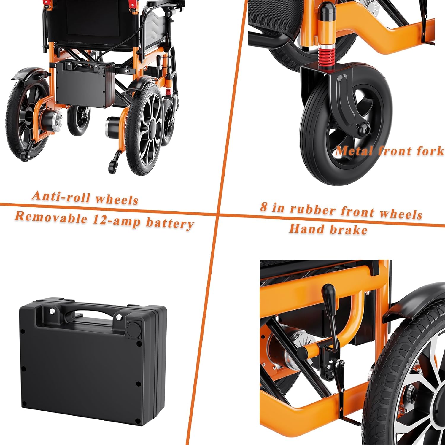 Close-up view of the wheelchair's features including anti-roll wheels, removable 12-amp battery, 8-inch rubber front wheels, and hand brake.