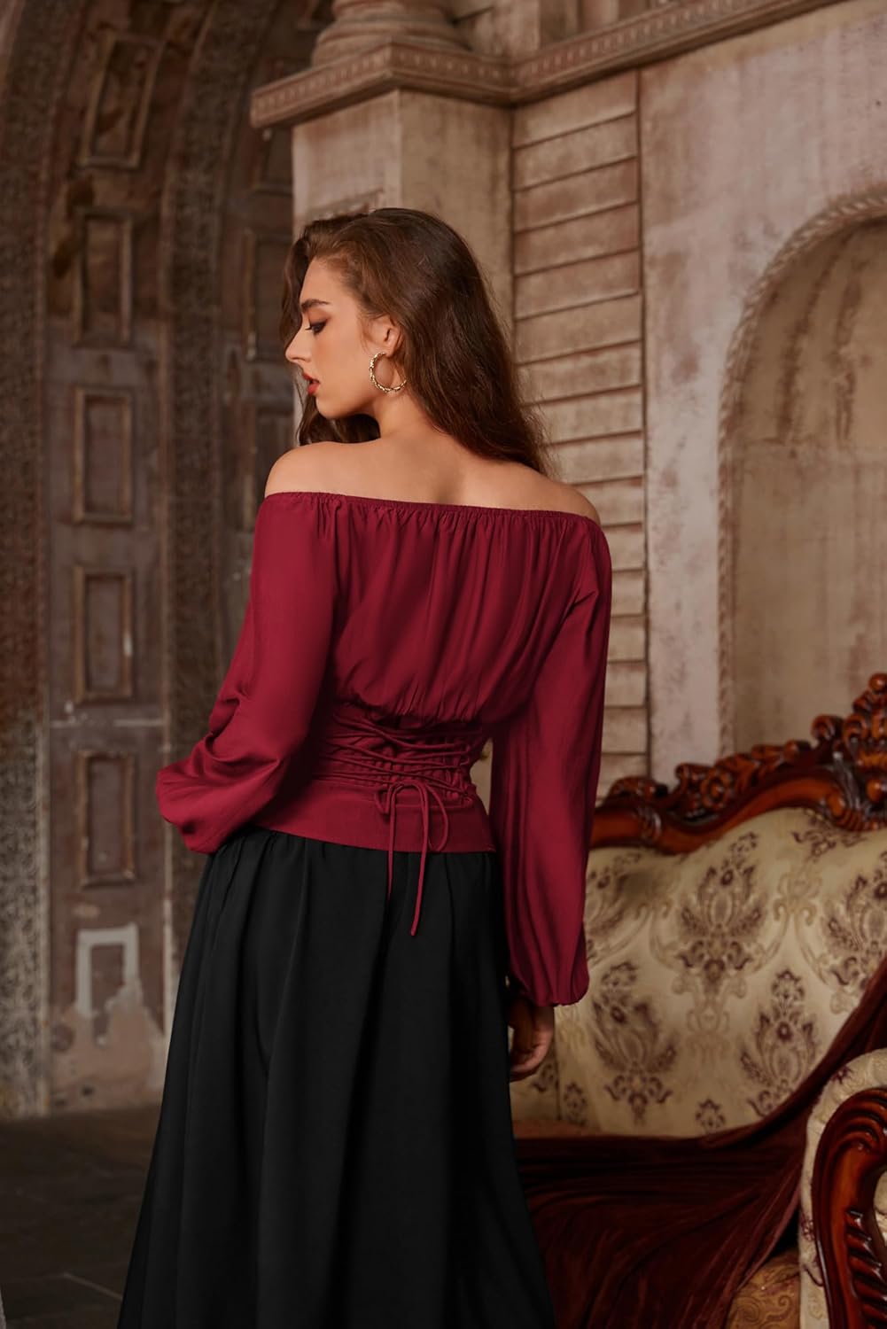SCARLET DARKNESS Corset Tops for Women Elastic Neckline Renaissance Shirt Peasant Blouse - Image 7