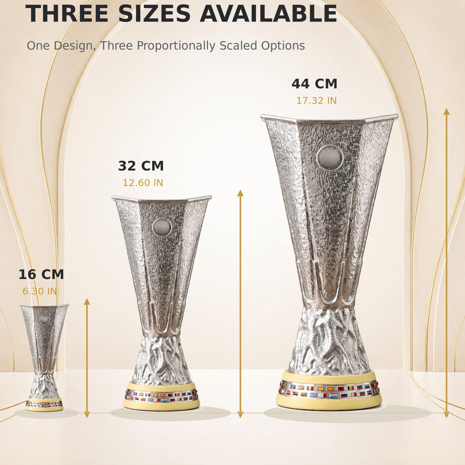 Replika der Europa Fußball League Champions Trophy in Originalgröße | Versilberter Siegerpokal aus Resin, Sammlerstück und stilvolle Bürodekoration, perfektes Geschenk für Fußballfans