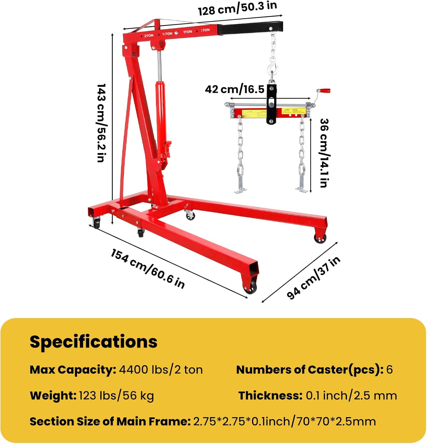 Engine Hoist, 2 Ton 4409 Lbs Folding Cherry Picker Engine Hoist with Leveler, Heavy Duty Engine Shop Crane with 6 Iron Caster Wheels and Telescopic Boom for Auto Repair, Vehicle Maintenance,（Red）