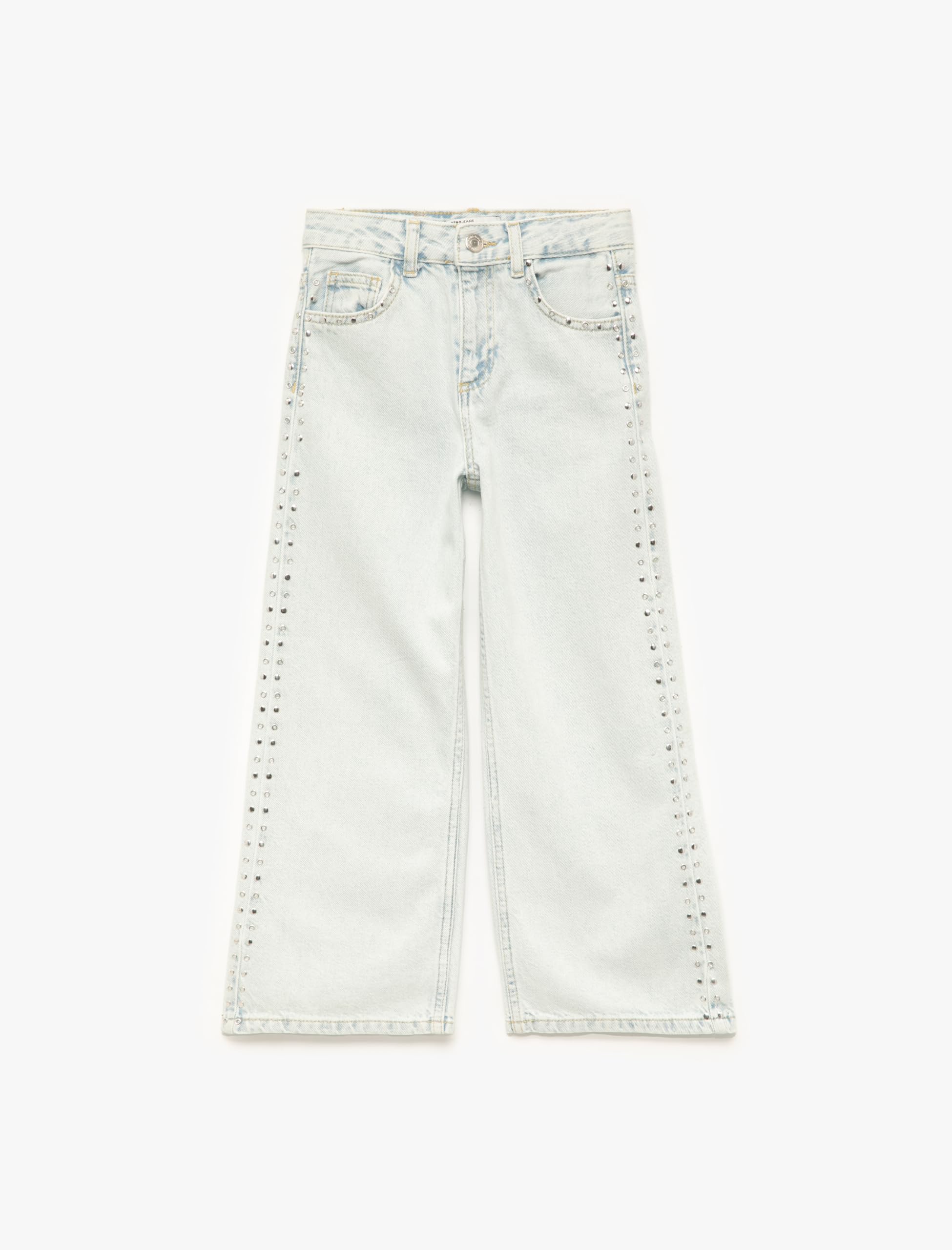 Pamuklu Normal Bel Zımba Detaylı Geniş Paça Denim Pantolon