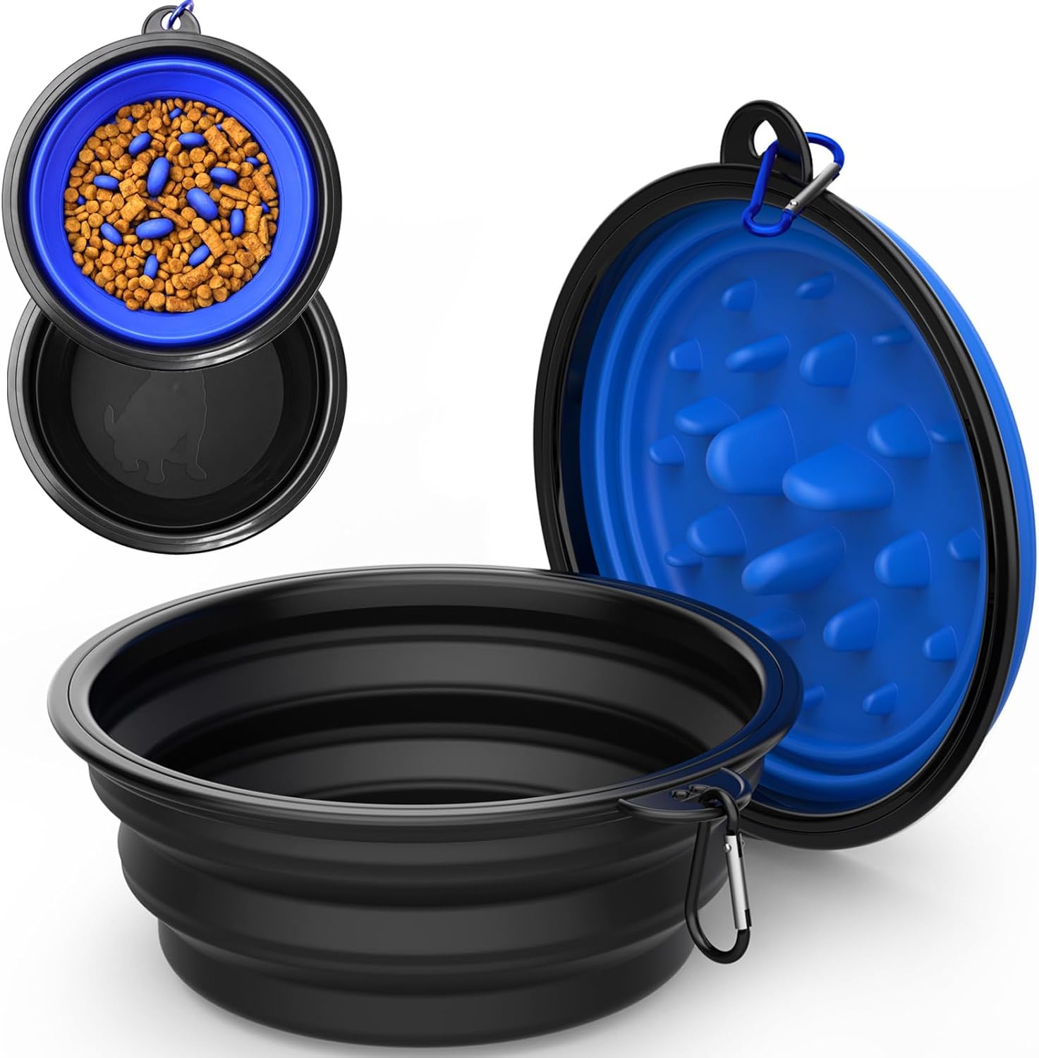 2 Pack Portable Collapsible Dog Bowls – 34oz Slow Feeder & Regular