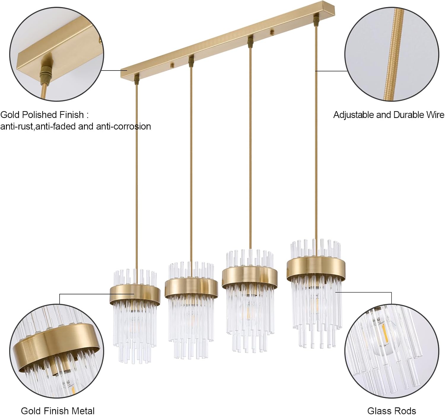 Dijiahua 4-Light Gold Pendant Lights Kitchen Island Over Table, Modern Crystal Brushed Brass Linear Chandeliers,Adjustable Cord Hanging Counter Lamp Fixture for Dinning Room,Sink