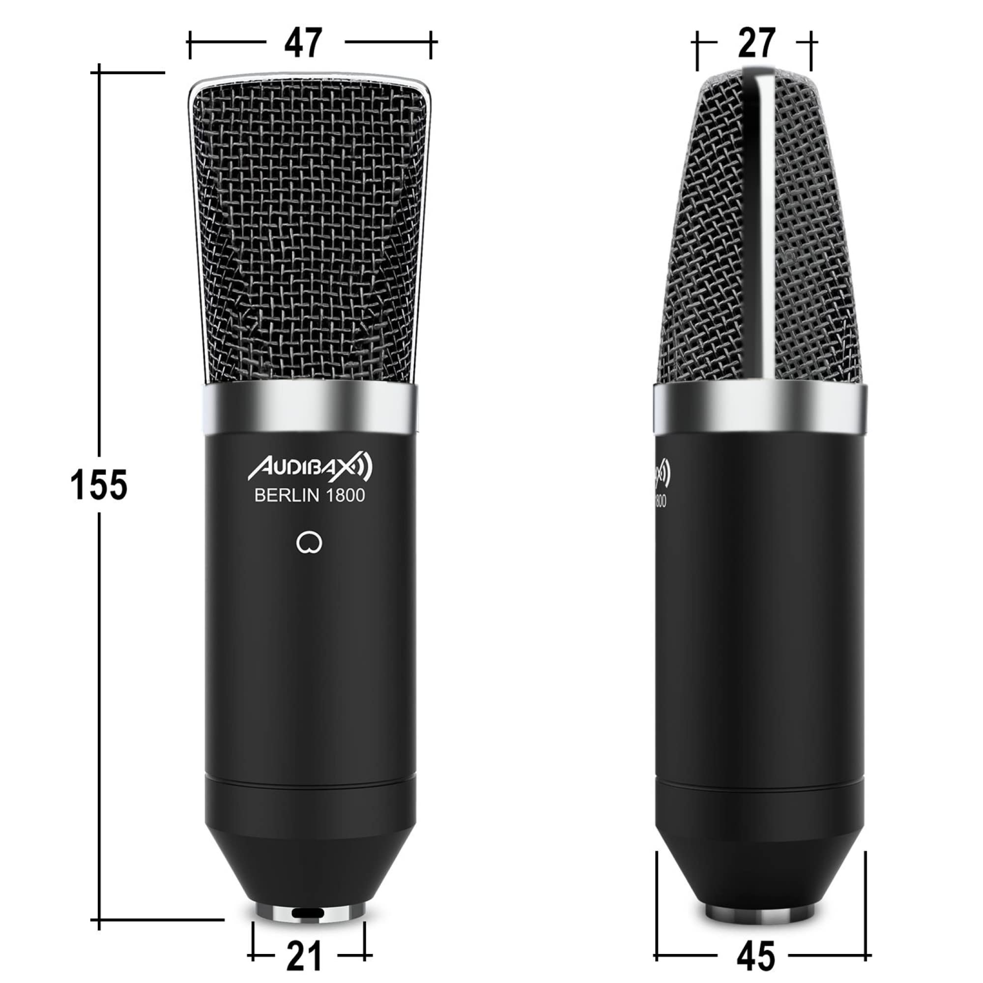Audibax Berlin 1800 Silver Pro Studio mikrofon Condesandor, w zestawie uchwyt, anty-pop i kabel, zakres częstotliwości 20 Hz/20 kHz, mikrofon polarny, kardioid, srebrny