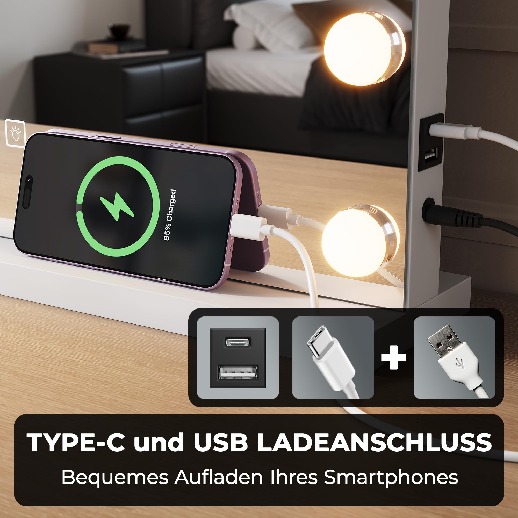 Hollywood Schminkspiegel mit Licht, Dreifarbiges Licht, Einstellbare Helligkeit, 58 x 45, Smart Touch Schalter und Memory Funktion, Mit Bluetooth