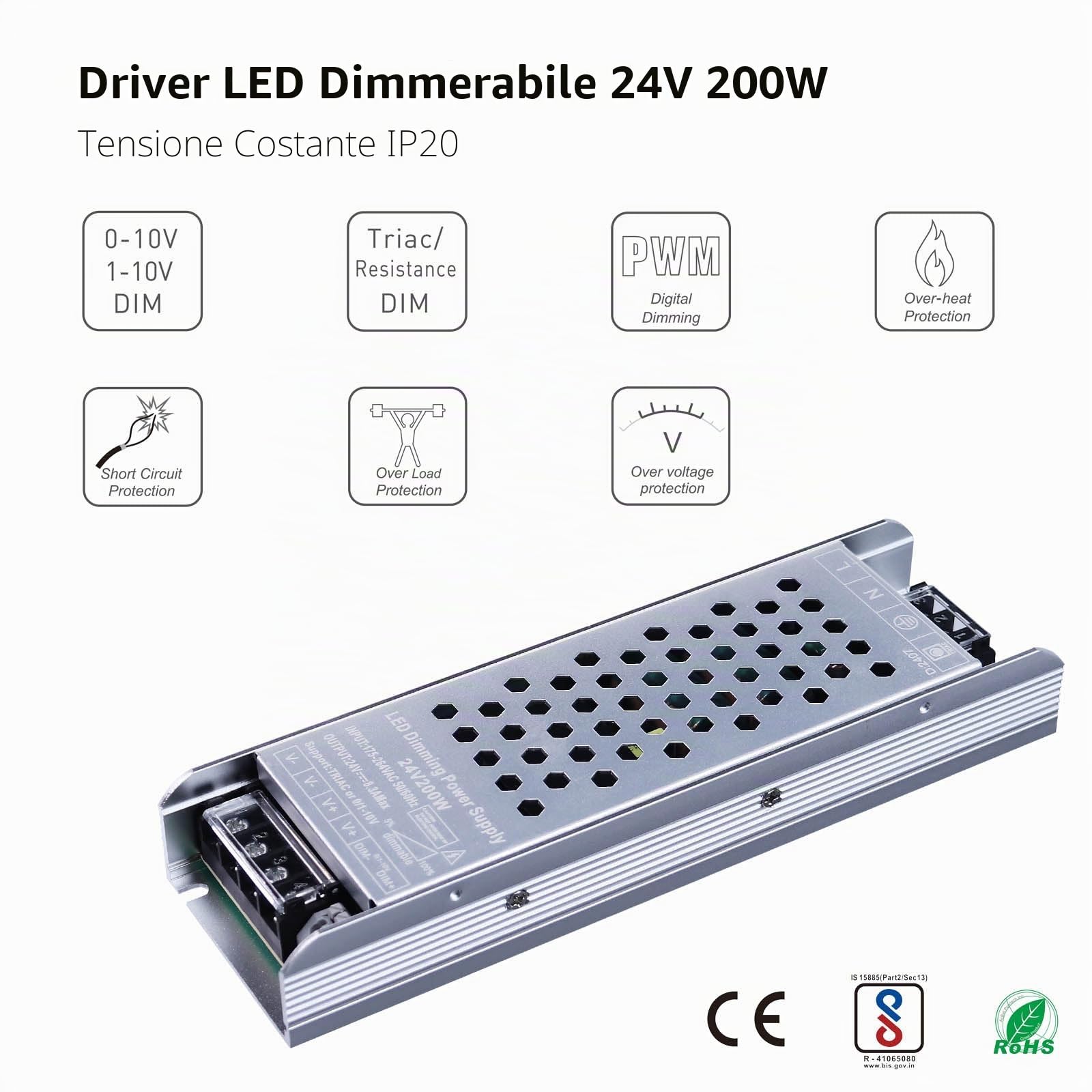 BENLUN Alimentatore LED 24V 8,5A 200W, Trasformatore Dimmerabile IP20, CA 220V a CC 24V Power Supply a Tensione Costante per Striscia LED