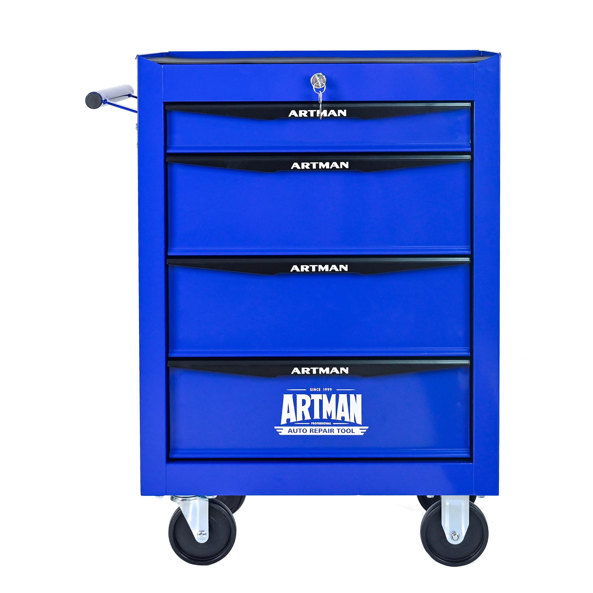 Rolling Metall-Werkzeugkiste con Steel, 4 Cassetti e Ruote con Freno, Armadio per Attrezzi 20" con Guide a Sfere, Organizzatore Garage e Officina, Nero e Blu, 52.4 x 33 x 65.6 cm
