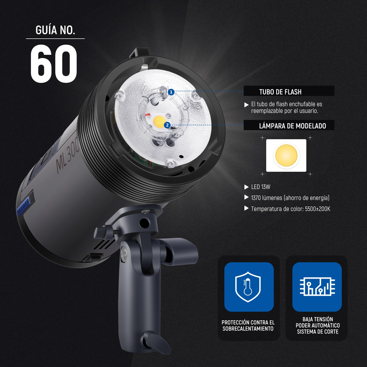 NEEWER ML300 300W GN60 Flash Strobe para Estudio al Aire Libre Alimentado por batería Li-Ion Monolight inalámbrico con 2,4G Disparador inalámbrico, 1000 Flashes de Plena Potencia, Reciclar en 0,4-2,5