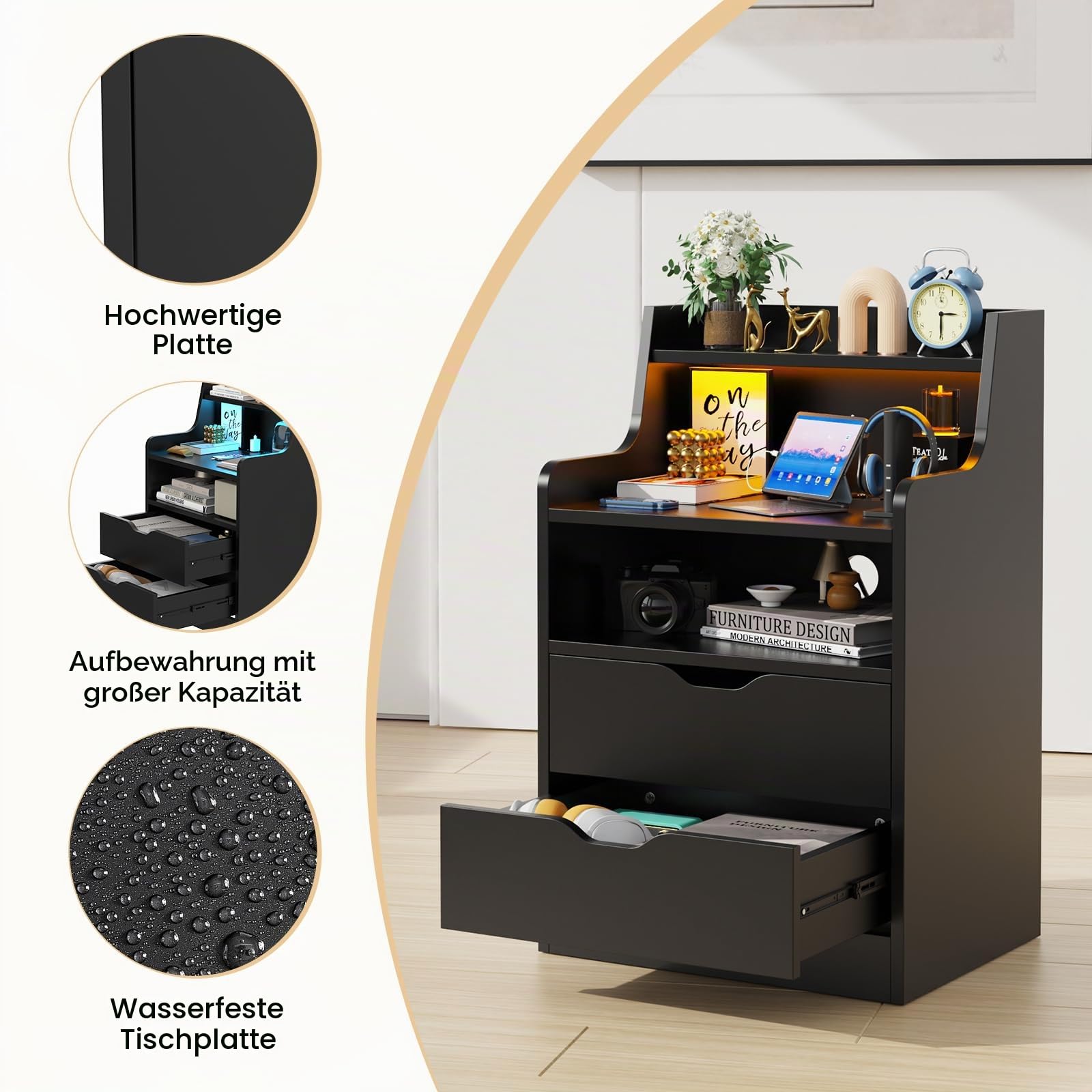 Nachttisch LED mit Steckdose & USB, Nachtschrank mit 2 Schubladen und offenem Ablagefach, Smart Nachttische mit LED-Beleuchtung, Nachttische Schwarz 45x35x73cm, Modern Nachtschrank Tisch