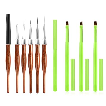 5PCS Nail Art Builder Nail Gel Design Brushes for Fine Drawing & Detailed Nail Art, 3PCS Nail Polish Remover Brush for Tidying Up Polish Mishaps on CuticlesBright Green+Wood Color