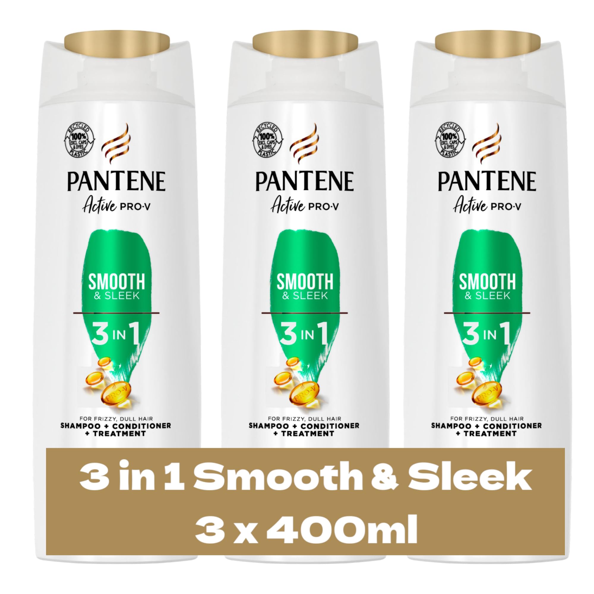 3 x 400mL | Pantene Active PRO-V 3 in 1 Shampoo+Conditioner+Treatment Smooth & Sleek for Frizzy, Dull Hair 400ml