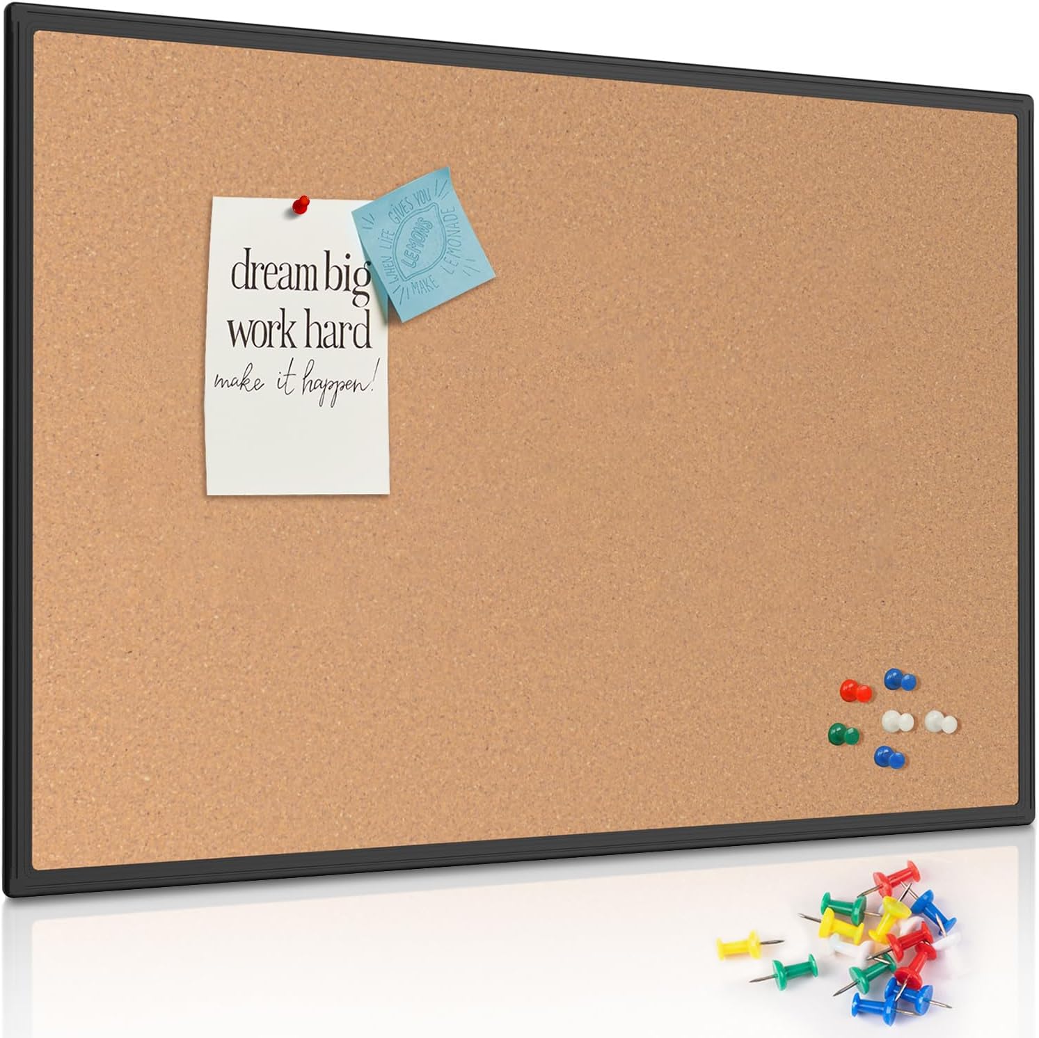 Board2by Cork Board Bulletin Board 48" x 36", Black Aluminium Framed 4x3 Corkboard, Office Board for Wall Cork, Large Wall Mounted Notice Pin Board with 18 Push Pins for School, Home & Office Black 46" x 32