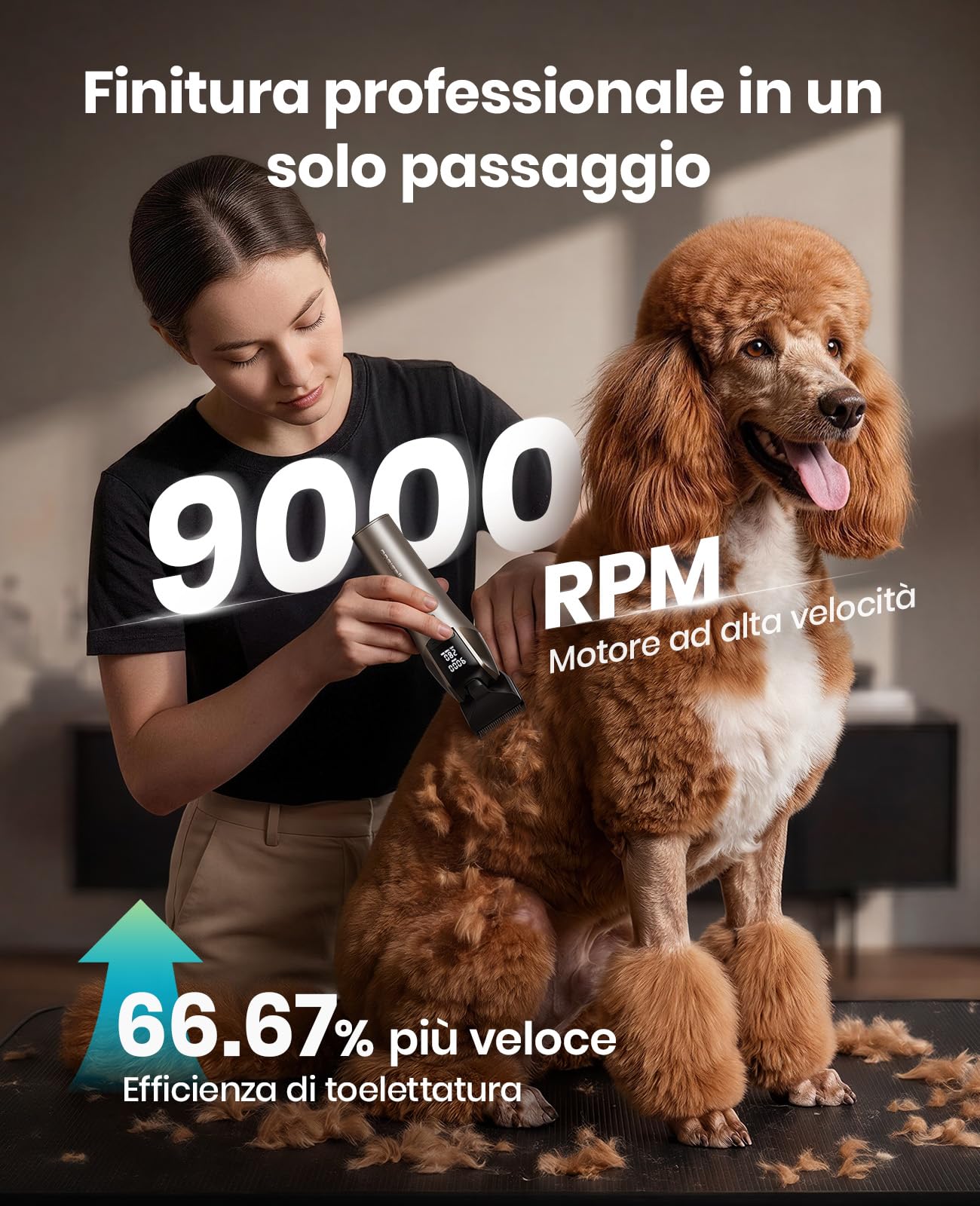 oneisall Tosatrice per Cani Professionale | 9000 RPM 5 velocità per mantelli spessi, lama 5-in-1 DLC, autonomia 280 min, silenzioso, con 8 pettini guida in metallo