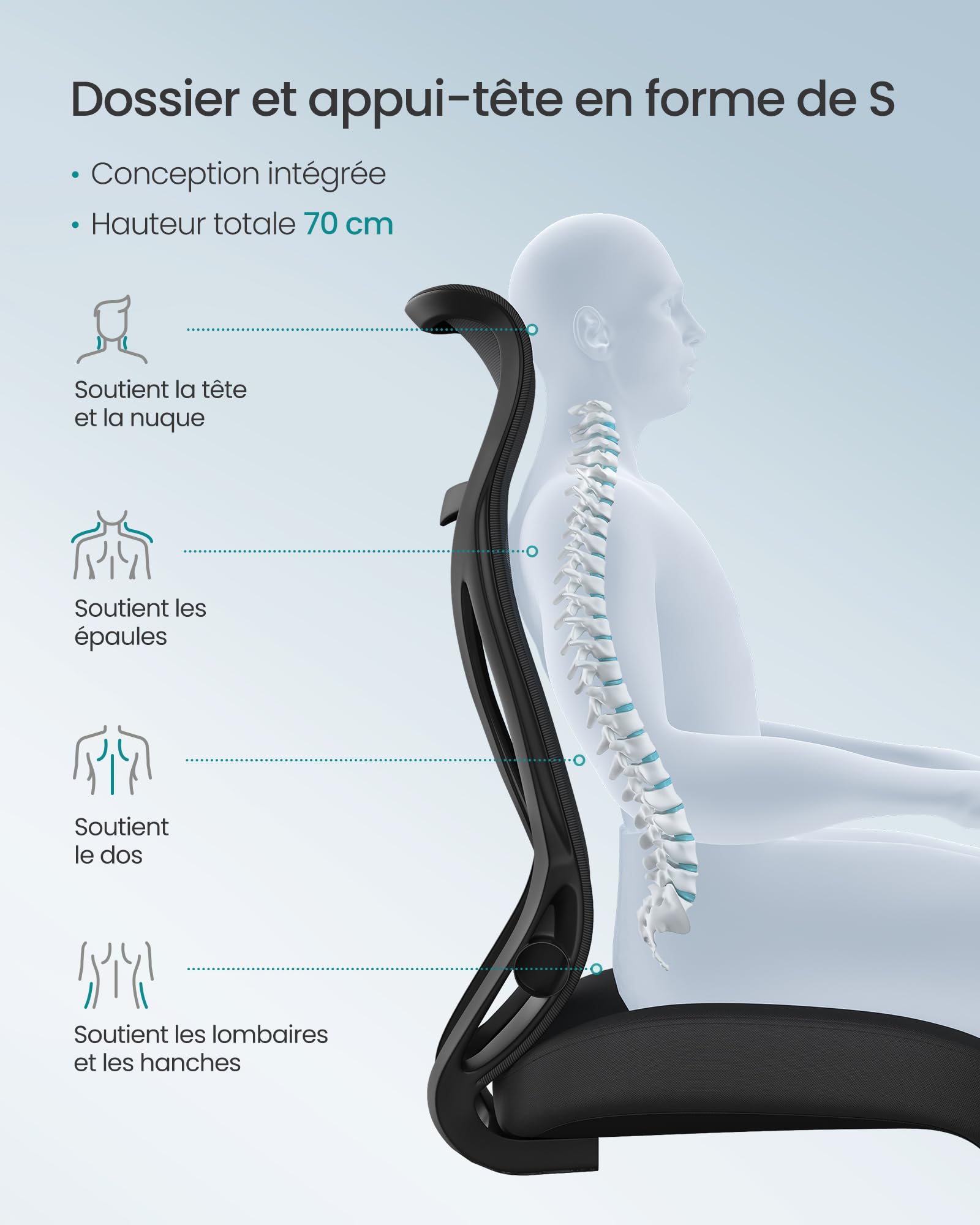 SONGMICS Chaise de Bureau, Fauteuil, Dossier Ergonomique, Réglable en Hauteur, Accoudoirs Rabattables, Pivotantant avec Appui-tête, Capacité de 150 kg, Noir d'encre OBN088B01