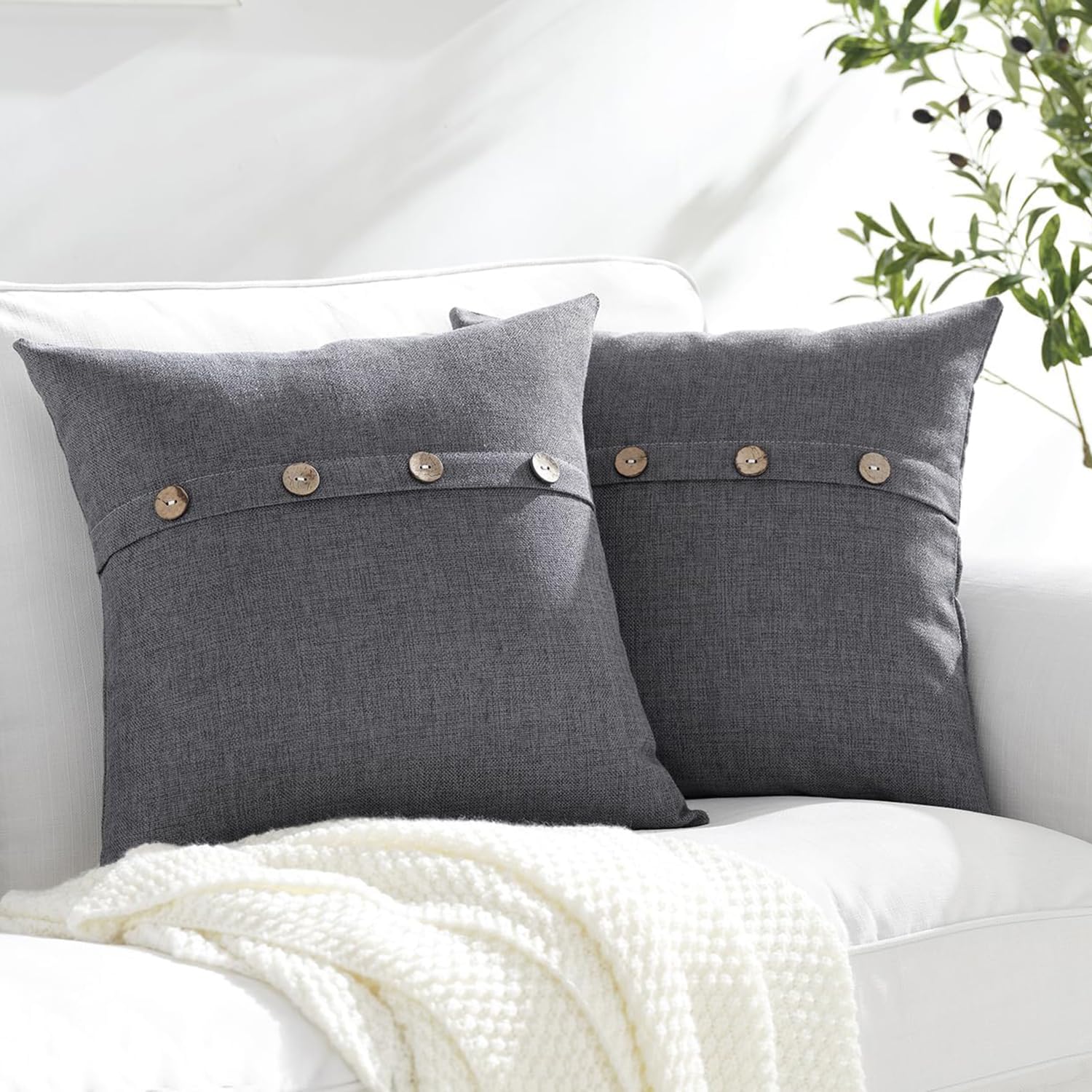 Meekio Set of 2 Dark Gray Square Pillow Covers 22 x 22 Farmhouse Linen Pillow Covers with Coconut Buttons for Sofa Couch Living Room Bedroom Farmhouse