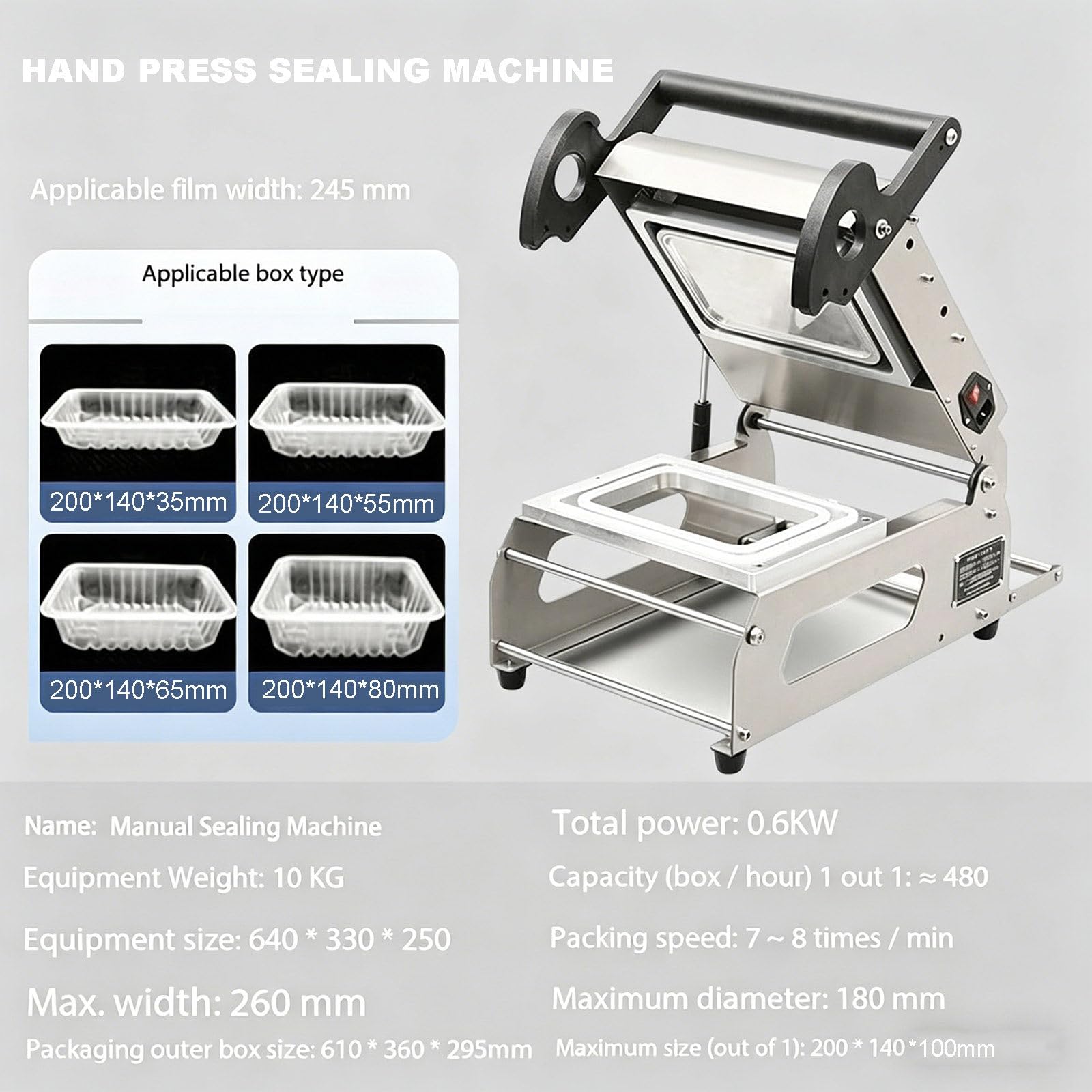 Selladora Térmica Comercial de Bandejas de Acero Inoxidable para Verduras, Máquina Semiautomática para Envasar Comida para Llevar (para Carnes Cocinadas), Selladora Manual de Bandejas